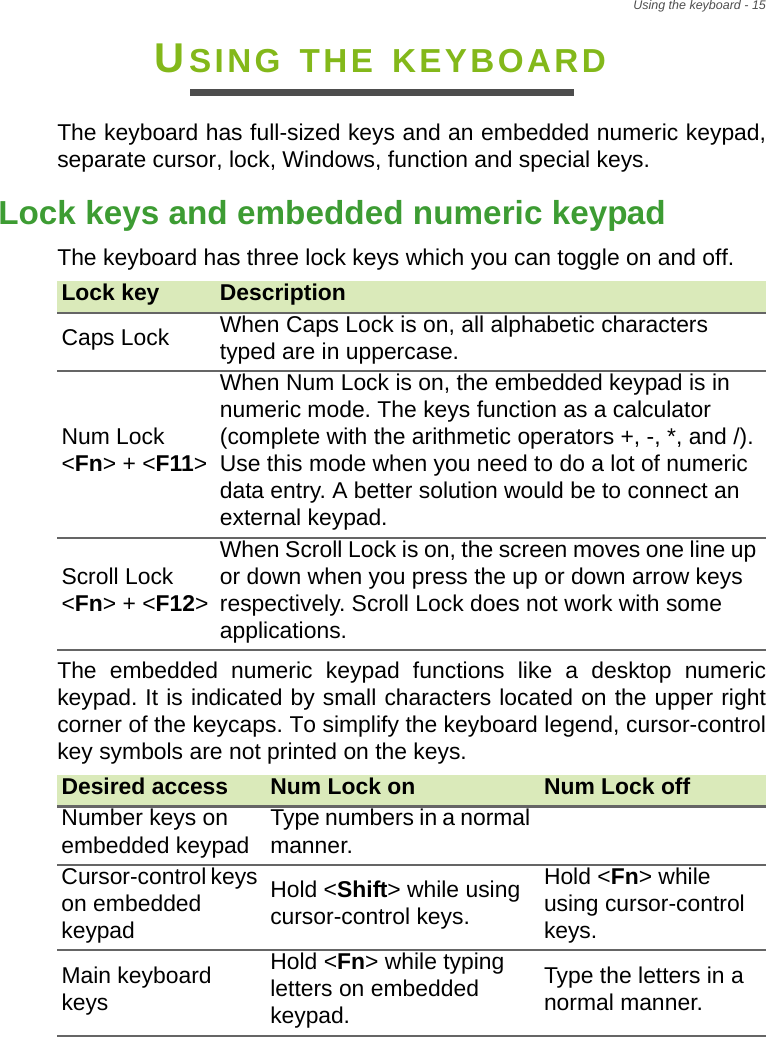 Using the keyboard - 15USING THE KEYBOARDThe keyboard has full-sized keys and an embedded numeric keypad, separate cursor, lock, Windows, function and special keys.Lock keys and embedded numeric keypadThe keyboard has three lock keys which you can toggle on and off.The embedded numeric keypad functions like a desktop numeric keypad. It is indicated by small characters located on the upper right corner of the keycaps. To simplify the keyboard legend, cursor-control key symbols are not printed on the keys.Lock key DescriptionCaps Lock When Caps Lock is on, all alphabetic characters typed are in uppercase.Num Lock  &lt;Fn&gt; + &lt;F11&gt;When Num Lock is on, the embedded keypad is in numeric mode. The keys function as a calculator (complete with the arithmetic operators +, -, *, and /). Use this mode when you need to do a lot of numeric data entry. A better solution would be to connect an external keypad.Scroll Lock  &lt;Fn&gt; + &lt;F12&gt;When Scroll Lock is on, the screen moves one line up or down when you press the up or down arrow keys respectively. Scroll Lock does not work with some applications.Desired access Num Lock on Num Lock offNumber keys on embedded keypad Type numbers in a normal manner.Cursor-control keys on embedded keypadHold &lt;Shift&gt; while using cursor-control keys.Hold &lt;Fn&gt; while using cursor-control keys.Main keyboard keysHold &lt;Fn&gt; while typing letters on embedded keypad.Type the letters in a normal manner.