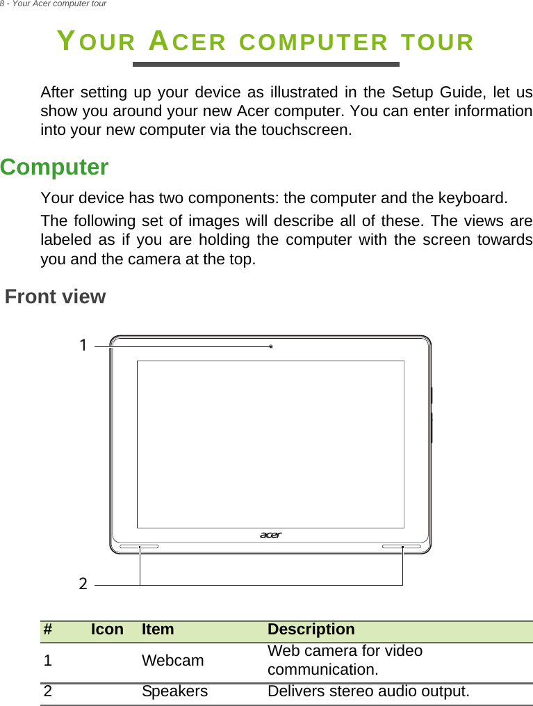8 - Your Acer computer tourYOUR ACER COMPUTER TOURAfter setting up your device as illustrated in the Setup Guide, let us show you around your new Acer computer. You can enter information into your new computer via the touchscreen.ComputerYour device has two components: the computer and the keyboard.The following set of images will describe all of these. The views are labeled as if you are holding the computer with the screen towards you and the camera at the top.Front view#Icon Item Description1Webcam Web camera for video communication.2Speakers Delivers stereo audio output.12