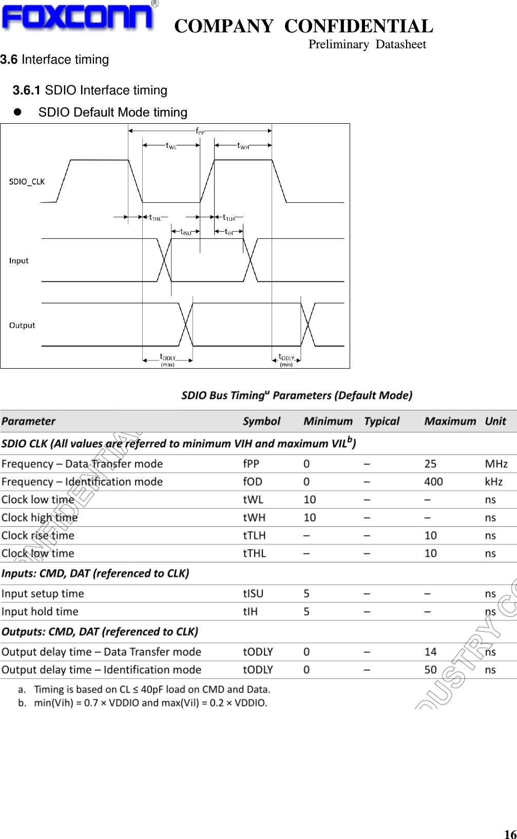    COMPANY  CONFIDENTIAL                                                                     Preliminary  Datasheet 16  3.6 Interface timing 3.6.1 SDIO Interface timing  SDIO Default Mode timing        