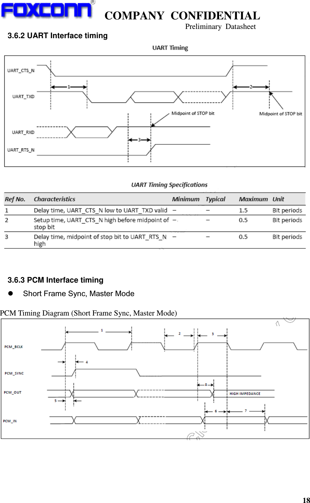    COMPANY  CONFIDENTIAL                                                                     Preliminary  Datasheet 18  3.6.2 UART Interface timing   3.6.3 PCM Interface timing  Short Frame Sync, Master Mode  PCM Timing Diagram (Short Frame Sync, Master Mode)      