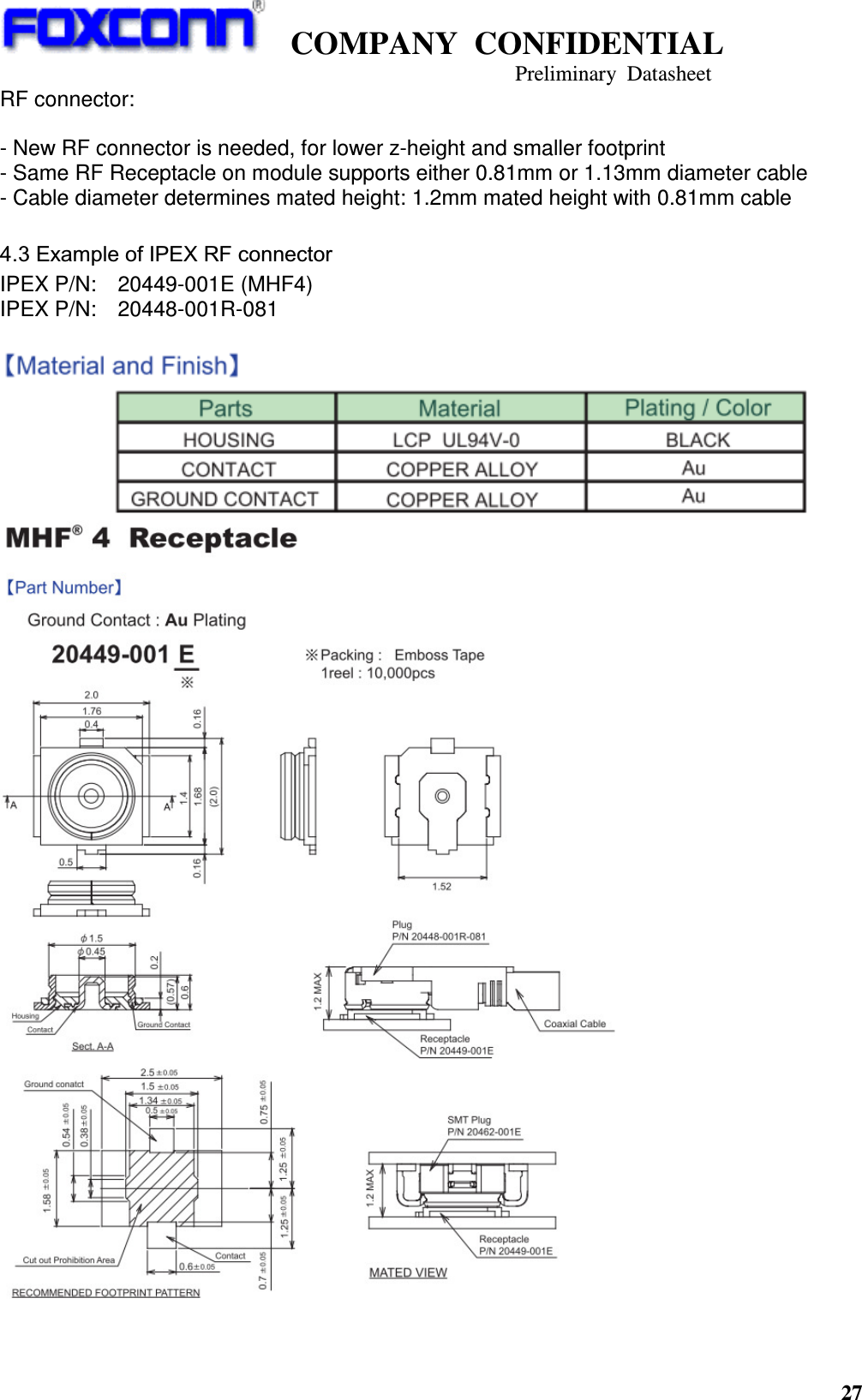    COMPANY  CONFIDENTIAL                                                                     Preliminary  Datasheet 27  RF connector:    - New RF connector is needed, for lower z-height and smaller footprint   - Same RF Receptacle on module supports either 0.81mm or 1.13mm diameter cable - Cable diameter determines mated height: 1.2mm mated height with 0.81mm cable  4.3 Example of IPEX RF connector IPEX P/N:    20449-001E (MHF4) IPEX P/N:    20448-001R-081     