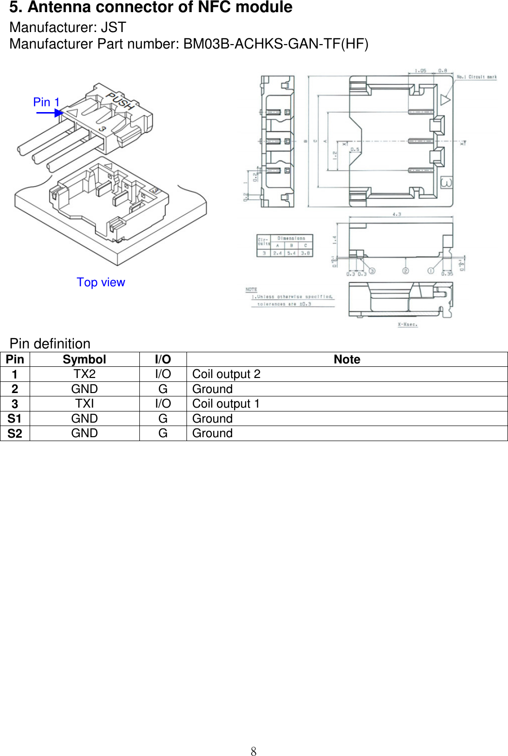  85. Antenna connector of NFC module Manufacturer: JST Manufacturer Part number: BM03B-ACHKS-GAN-TF(HF)   Pin definition  Pin Symbol  I/O  Note 1  TX2  I/O  Coil output 2 2  GND  G  Ground 3  TXI  I/O  Coil output 1 S1 GND  G  Ground S2 GND  G  Ground                                   Top view Pin 1 