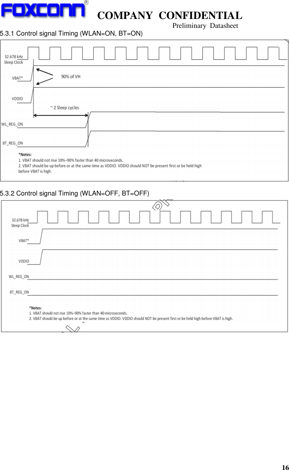   COMPANY  CONFIDENTIAL                                   Preliminary  Datasheet 16  5.3.1 Control signal Timing (WLAN=ON, BT=ON)  5.3.2 Control signal Timing (WLAN=OFF, BT=OFF)  