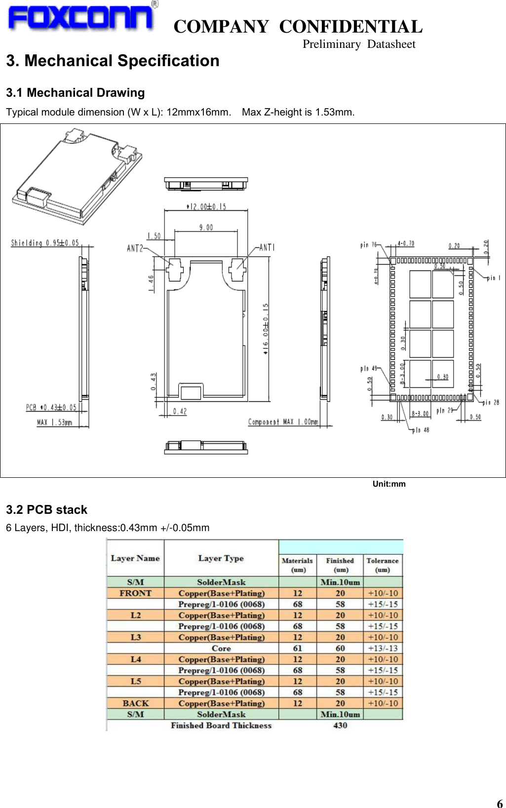   COMPANY  CONFIDENTIAL                                   Preliminary  Datasheet 6  3. Mechanical Specification 3.1 Mechanical Drawing Typical module dimension (W x L): 12mmx16mm.    Max Z-height is 1.53mm.                                                                              Unit:mm 3.2 PCB stack 6 Layers, HDI, thickness:0.43mm +/-0.05mm  