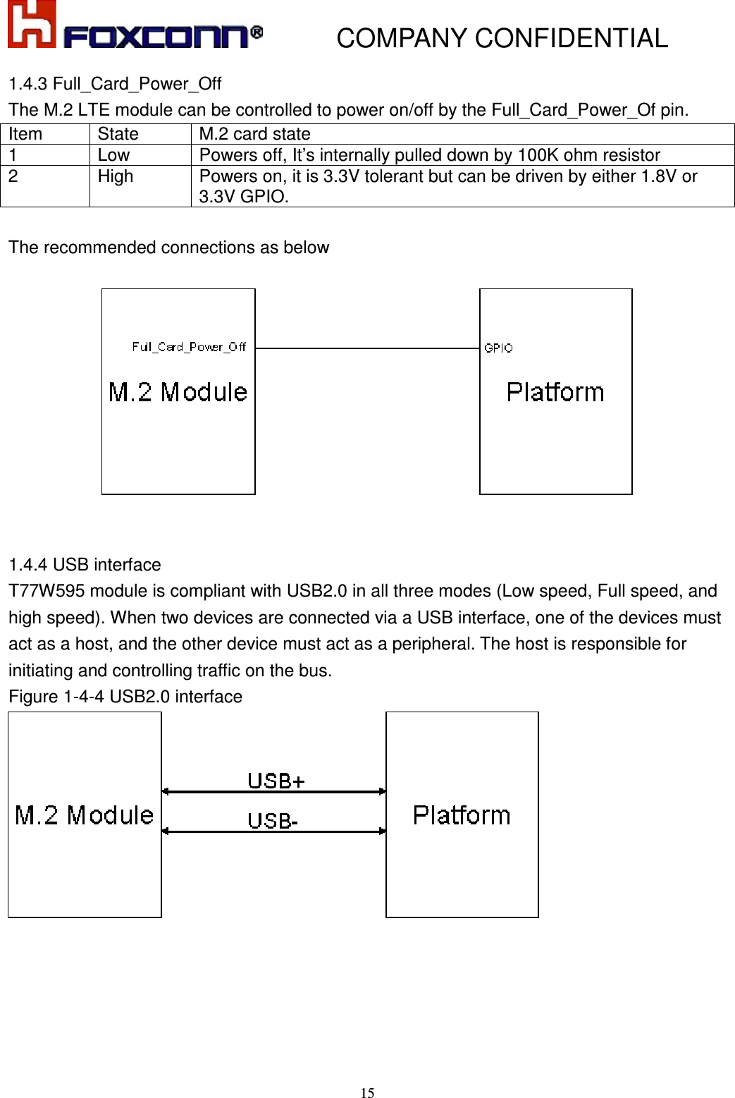           COMPANY CONFIDENTIAL    15 1.4.3 Full_Card_Power_Off   The M.2 LTE module can be controlled to power on/off by the Full_Card_Power_Of pin.   Item  State  M.2 card state 1  Low    Powers off, It’s internally pulled down by 100K ohm resistor 2  High  Powers on, it is 3.3V tolerant but can be driven by either 1.8V or 3.3V GPIO.   The recommended connections as below     1.4.4 USB interface T77W595 module is compliant with USB2.0 in all three modes (Low speed, Full speed, and high speed). When two devices are connected via a USB interface, one of the devices must act as a host, and the other device must act as a peripheral. The host is responsible for initiating and controlling traffic on the bus.   Figure 1-4-4 USB2.0 interface   