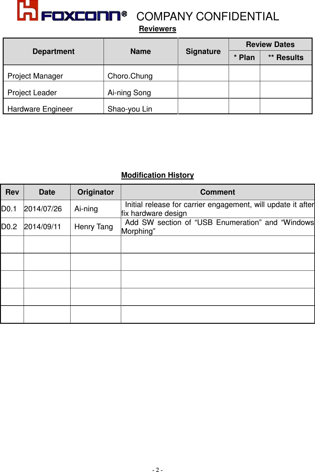    COMPANY CONFIDENTIAL - 2 - Reviewers Department Name  Signature  Review Dates * Plan ** Results   Project Manager  Choro.Chung         Project Leader  Ai-ning Song         Hardware Engineer    Shao-you Lin           Modification History Rev Date  Originator  Comment D0.1  2014/07/26  Ai-ning  Initial release for carrier engagement, will update it after fix hardware design D0.2  2014/09/11  Henry Tang Add  SW  section  of  “USB  Enumeration”  and  “Windows Morphing”                                     