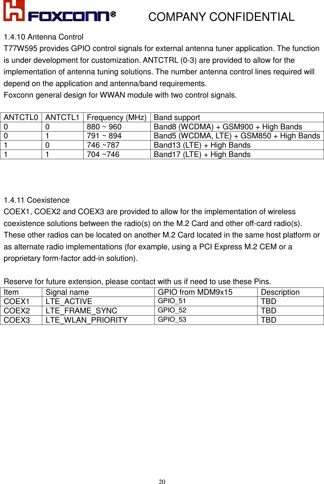           COMPANY CONFIDENTIAL    20 1.4.10 Antenna Control   T77W595 provides GPIO control signals for external antenna tuner application. The function is under development for customization. ANTCTRL (0-3) are provided to allow for the implementation of antenna tuning solutions. The number antenna control lines required will depend on the application and antenna/band requirements. Foxconn general design for WWAN module with two control signals.  ANTCTL0 ANTCTL1 Frequency (MHz) Band support 0  0  880 ~ 960  Band8 (WCDMA) + GSM900 + High Bands 0  1  791 ~ 894  Band5 (WCDMA, LTE) + GSM850 + High Bands 1  0  746 ~787  Band13 (LTE) + High Bands 1  1  704 ~746  Band17 (LTE) + High Bands    1.4.11 Coexistence COEX1, COEX2 and COEX3 are provided to allow for the implementation of wireless coexistence solutions between the radio(s) on the M.2 Card and other off-card radio(s). These other radios can be located on another M.2 Card located in the same host platform or as alternate radio implementations (for example, using a PCI Express M.2 CEM or a proprietary form-factor add-in solution).  Reserve for future extension, please contact with us if need to use these Pins. Item  Signal name  GPIO from MDM9x15  Description COEX1  LTE_ACTIVE GPIO_51 TBD COEX2  LTE_FRAME_SYNC GPIO_52 TBD COEX3  LTE_WLAN_PRIORITY GPIO_53 TBD    