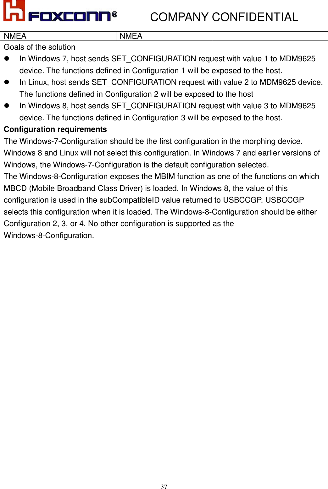           COMPANY CONFIDENTIAL    37 NMEA  NMEA Goals of the solution   In Windows 7, host sends SET_CONFIGURATION request with value 1 to MDM9625 device. The functions defined in Configuration 1 will be exposed to the host.   In Linux, host sends SET_CONFIGURATION request with value 2 to MDM9625 device. The functions defined in Configuration 2 will be exposed to the host   In Windows 8, host sends SET_CONFIGURATION request with value 3 to MDM9625 device. The functions defined in Configuration 3 will be exposed to the host. Configuration requirements The Windows-7-Configuration should be the first configuration in the morphing device. Windows 8 and Linux will not select this configuration. In Windows 7 and earlier versions of Windows, the Windows-7-Configuration is the default configuration selected. The Windows-8-Configuration exposes the MBIM function as one of the functions on which MBCD (Mobile Broadband Class Driver) is loaded. In Windows 8, the value of this configuration is used in the subCompatibleID value returned to USBCCGP. USBCCGP selects this configuration when it is loaded. The Windows-8-Configuration should be either Configuration 2, 3, or 4. No other configuration is supported as the Windows-8-Configuration.  