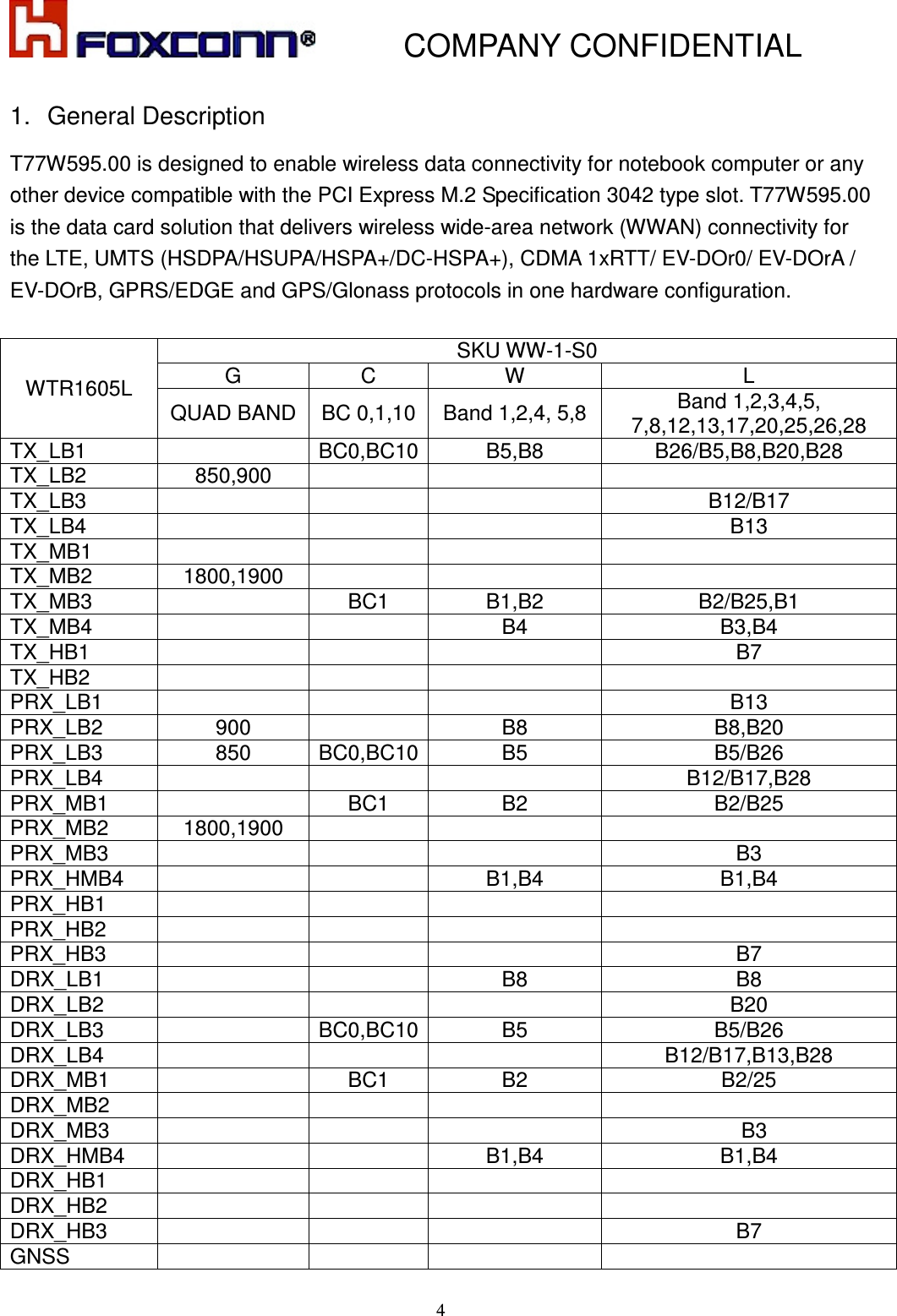           COMPANY CONFIDENTIAL    41.  General Description   T77W595.00 is designed to enable wireless data connectivity for notebook computer or any other device compatible with the PCI Express M.2 Specification 3042 type slot. T77W595.00 is the data card solution that delivers wireless wide-area network (WWAN) connectivity for the LTE, UMTS (HSDPA/HSUPA/HSPA+/DC-HSPA+), CDMA 1xRTT/ EV-DOr0/ EV-DOrA / EV-DOrB, GPRS/EDGE and GPS/Glonass protocols in one hardware configuration.    WTR1605L SKU WW-1-S0 G  C  W  L QUAD BAND BC 0,1,10 Band 1,2,4, 5,8 Band 1,2,3,4,5, 7,8,12,13,17,20,25,26,28 TX_LB1    BC0,BC10 B5,B8  B26/B5,B8,B20,B28 TX_LB2  850,900       TX_LB3        B12/B17 TX_LB4        B13 TX_MB1         TX_MB2  1800,1900       TX_MB3    BC1  B1,B2  B2/B25,B1 TX_MB4      B4  B3,B4 TX_HB1        B7 TX_HB2         PRX_LB1        B13 PRX_LB2  900    B8  B8,B20 PRX_LB3  850  BC0,BC10 B5  B5/B26 PRX_LB4        B12/B17,B28 PRX_MB1    BC1  B2  B2/B25 PRX_MB2  1800,1900       PRX_MB3        B3 PRX_HMB4      B1,B4  B1,B4 PRX_HB1         PRX_HB2         PRX_HB3        B7 DRX_LB1      B8  B8 DRX_LB2        B20 DRX_LB3    BC0,BC10 B5  B5/B26 DRX_LB4        B12/B17,B13,B28 DRX_MB1    BC1  B2  B2/25 DRX_MB2         DRX_MB3          B3 DRX_HMB4      B1,B4  B1,B4 DRX_HB1         DRX_HB2         DRX_HB3        B7 GNSS         