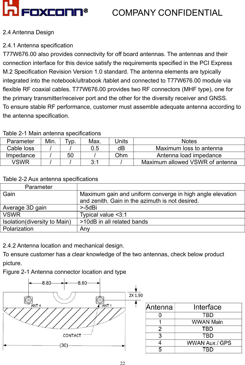           COMPANY CONFIDENTIAL   222.4 Antenna Design 2.4.1 Antenna specification T77W676.00 also provides connectivity for off board antennas. The antennas and their connection interface for this device satisfy the requirements specified in the PCI Express M.2 Specification Revision Version 1.0 standard. The antenna elements are typically integrated into the notebook/ultrabook /tablet and connected to T77W676.00 module via flexible RF coaxial cables. T77W676.00 provides two RF connectors (MHF type), one for the primary transmitter/receiver port and the other for the diversity receiver and GNSS.   To ensure stable RF performance, customer must assemble adequate antenna according to the antenna specification.  Table 2-1 Main antenna specifications Parameter Min. Typ.  Max.  Units  Notes Cable loss  /  /  0.5  dB  Maximum loss to antenna Impedance  /  50  /  Ohm  Antenna load impedance VSWR  /  /  3:1  /  Maximum allowed VSWR of antenna  Table 2-2 Aux antenna specifications Parameter  Gain  Maximum gain and uniform converge in high angle elevation and zenith. Gain in the azimuth is not desired. Average 3D gain  &gt;-5dBi VSWR  Typical value &lt;3:1 Isolation(diversity to Main)  &gt;10dB in all related bands Polarization Any  2.4.2 Antenna location and mechanical design.   To ensure customer has a clear knowledge of the two antennas, check below product picture. Figure 2-1 Antenna connector location and type  