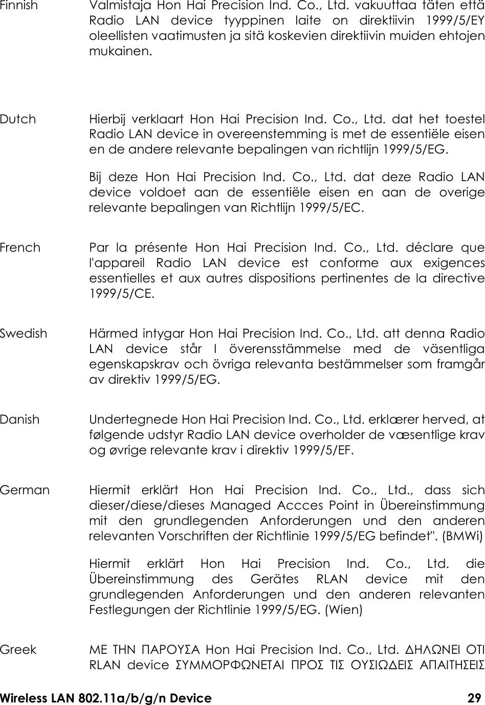 Wireless LAN 802.11a/b/g/n Device                                                                                  29 Finnish  Valmistaja  Hon  Hai Precision  Ind.  Co., Ltd.  vakuuttaa  täten  että Radio  LAN  device  tyyppinen  laite  on  direktiivin  1999/5/EY oleellisten vaatimusten ja sitä koskevien direktiivin muiden ehtojen mukainen.  Dutch  Hierbij  verklaart  Hon  Hai  Precision  Ind.  Co.,  Ltd.  dat  het  toestel Radio LAN device in overeenstemming is met de essentiële eisen en de andere relevante bepalingen van richtlijn 1999/5/EG.   Bij  deze  Hon  Hai  Precision  Ind.  Co.,  Ltd.  dat  deze  Radio  LAN device  voldoet  aan  de  essentiële  eisen  en  aan  de  overige relevante bepalingen van Richtlijn 1999/5/EC. French  Par  la  présente  Hon  Hai  Precision  Ind.  Co.,  Ltd.  déclare  que l&apos;appareil  Radio  LAN  device  est  conforme  aux  exigences essentielles  et  aux  autres  dispositions  pertinentes  de  la  directive 1999/5/CE. Swedish  Härmed intygar Hon Hai Precision Ind. Co., Ltd. att denna Radio LAN  device  står  I  överensstämmelse  med  de  väsentliga egenskapskrav och övriga relevanta bestämmelser som framgår av direktiv 1999/5/EG. Danish  Undertegnede Hon Hai Precision Ind. Co., Ltd. erklærer herved, at følgende udstyr Radio LAN device overholder de væsentlige krav og øvrige relevante krav i direktiv 1999/5/EF. German  Hiermit  erklärt  Hon  Hai  Precision  Ind.  Co.,  Ltd.,  dass  sich dieser/diese/dieses  Managed  Accces  Point  in  Übereinstimmung mit  den  grundlegenden  Anforderungen  und  den  anderen relevanten Vorschriften der Richtlinie 1999/5/EG befindet&quot;. (BMWi)  Hiermit  erklärt  Hon  Hai  Precision  Ind.  Co.,  Ltd.  die Übereinstimmung  des  Gerätes  RLAN  device  mit  den grundlegenden  Anforderungen  und  den  anderen  relevanten Festlegungen der Richtlinie 1999/5/EG. (Wien)   Greek  ΜΕ  ΤΗΝ  ΠΑΡΟΥΣΑ  Hon  Hai  Precision  Ind.  Co.,  Ltd.  ∆ΗΛΩΝΕΙ  ΟΤΙ RLAN  device  ΣΥΜΜΟΡΦΩΝΕΤΑΙ  ΠΡΟΣ  ΤΙΣ  ΟΥΣΙΩ∆ΕΙΣ  ΑΠΑΙΤΗΣΕΙΣ 