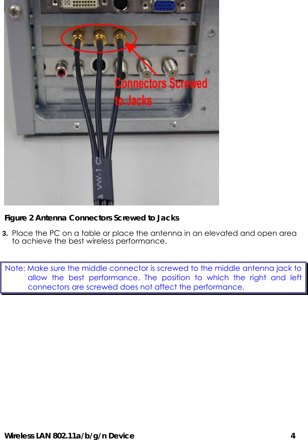 Wireless LAN 802.11a/b/g/n Device                                         4  Figure 2 Antenna Connectors Screwed to Jacks 3.  Place the PC on a table or place the antenna in an elevated and open area to achieve the best wireless performance. Note: Make sure the middle connector is screwed to the middle antenna jack to allow the best performance. The position to which the right and left connectors are screwed does not affect the performance. 