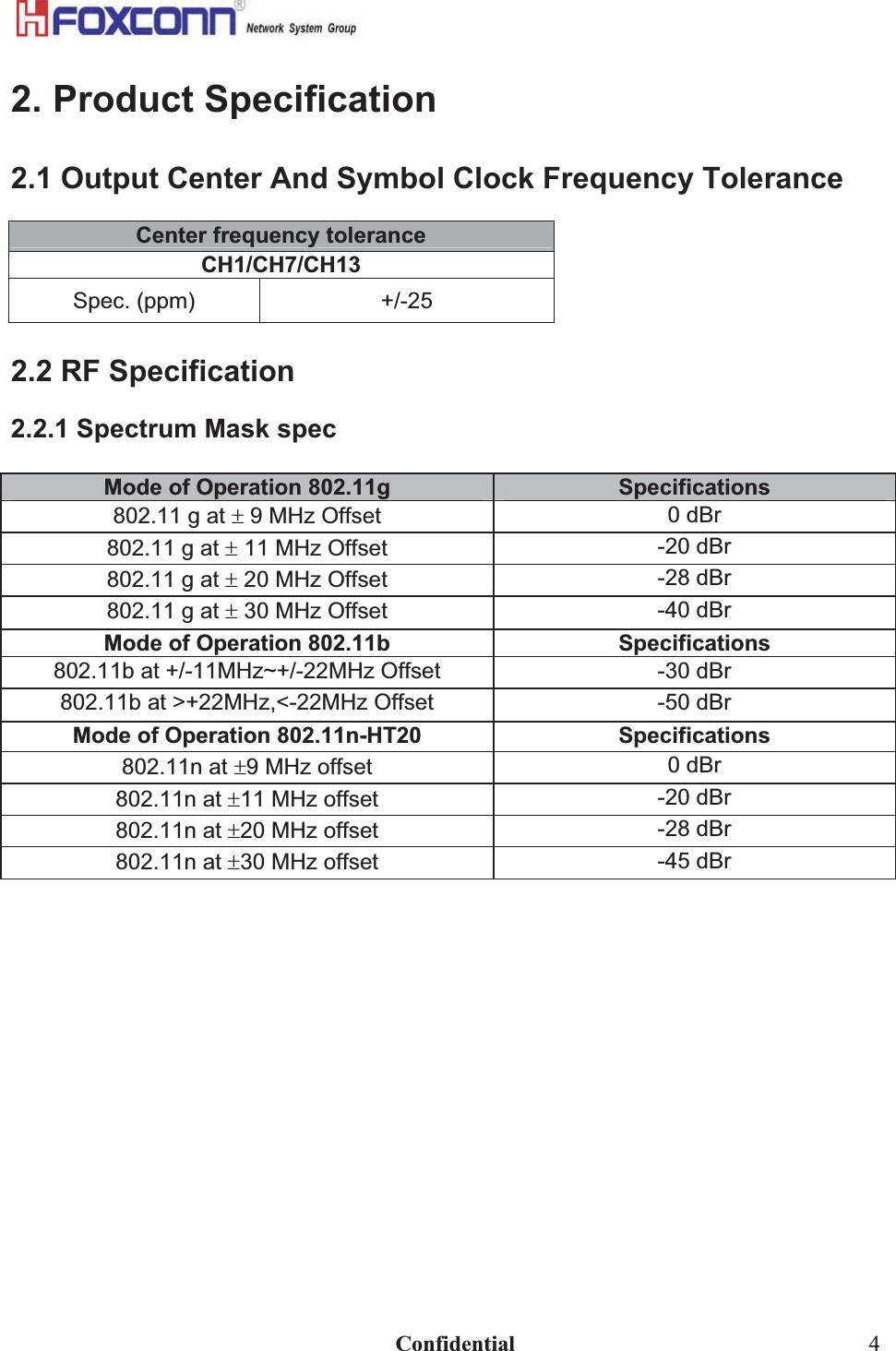                                                                              Confidential  42. Product Specification 2.1 Output Center And Symbol Clock Frequency Tolerance Center frequency tolerance CH1/CH7/CH13Spec. (ppm)  +/-25 2.2 RF Specification 2.2.1 Spectrum Mask spec Mode of Operation 802.11g  Specifications 802.11 g at r 9 MHz Offset  0 dBr 802.11 g at r 11 MHz Offset  -20 dBr 802.11 g at r 20 MHz Offset  -28 dBr 802.11 g at r 30 MHz Offset  -40 dBr Mode of Operation 802.11b  Specifications 802.11b at +/-11MHz~+/-22MHz Offset  -30 dBr 802.11b at &gt;+22MHz,&lt;-22MHz Offset  -50 dBr Mode of Operation 802.11n-HT20  Specifications 802.11n at r9 MHz offset  0 dBr 802.11n at r11 MHz offset  -20 dBr 802.11n at r20 MHz offset  -28 dBr 802.11n at r30 MHz offset  -45 dBr 