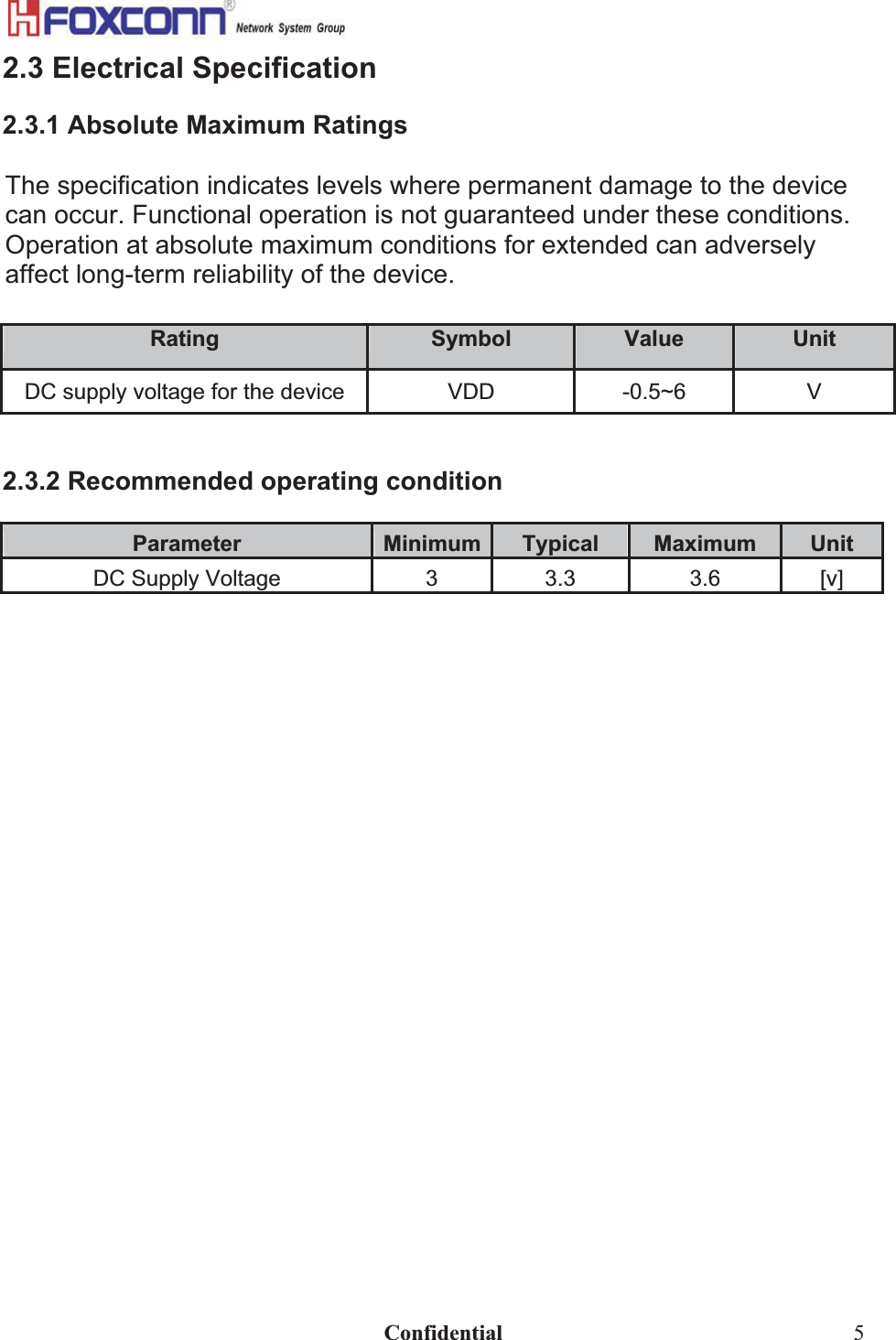                                                                              Confidential  52.3 Electrical Specification 2.3.1 Absolute Maximum Ratings The specification indicates levels where permanent damage to the device can occur. Functional operation is not guaranteed under these conditions. Operation at absolute maximum conditions for extended can adversely affect long-term reliability of the device. Rating  Symbol  Value  Unit DC supply voltage for the device  VDD  -0.5~6  V 2.3.2 Recommended operating condition Parameter Minimum Typical   Maximum UnitDC Supply Voltage   3  3.3ʳ 3.6  [v]  2.3.3 Current consumption in active on WLAN modes 