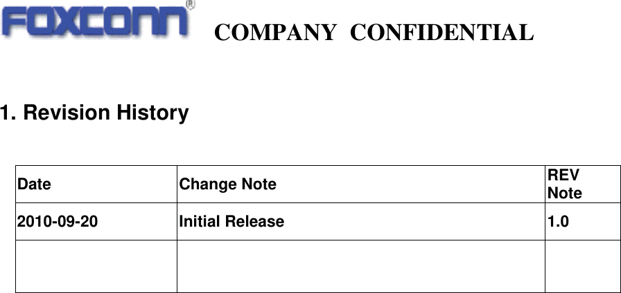   COMPANY CONFIDENTIAL              1. Revision History   Date Change Note  REV Note 2010-09-20 Initial Release  1.0     