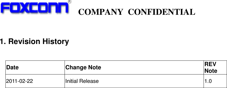     COMPANY  CONFIDENTIAL              1. Revision History   Date  Change Note  REV Note 2011-02-22  Initial Release  1.0  