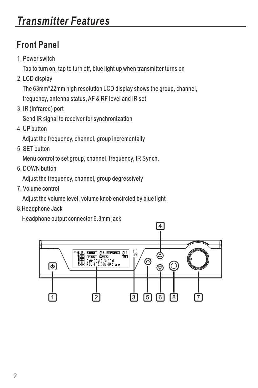 Transmitter FeaturesFront Panel1. Power switch    Tap to turn on, tap to turn off, blue light up when transmitter turns on 2. LCD display    The 63mm*22mm high resolution LCD display shows the group, channel,     frequency, antenna status, AF &amp; RF level and IR set.3. IR (Infrared) port    Send IR signal to receiver for synchronization4. UP button    Adjust the frequency, channel, group incrementally 5. SET button    Menu control to set group, channel, frequency, IR Synch.6. DOWN button    Adjust the frequency, channel, group degressively7. Volume control    Adjust the volume level, volume knob encircled by blue light8.Headphone Jack      Headphone output connector 6.3mm jack21 2 3 5 6478