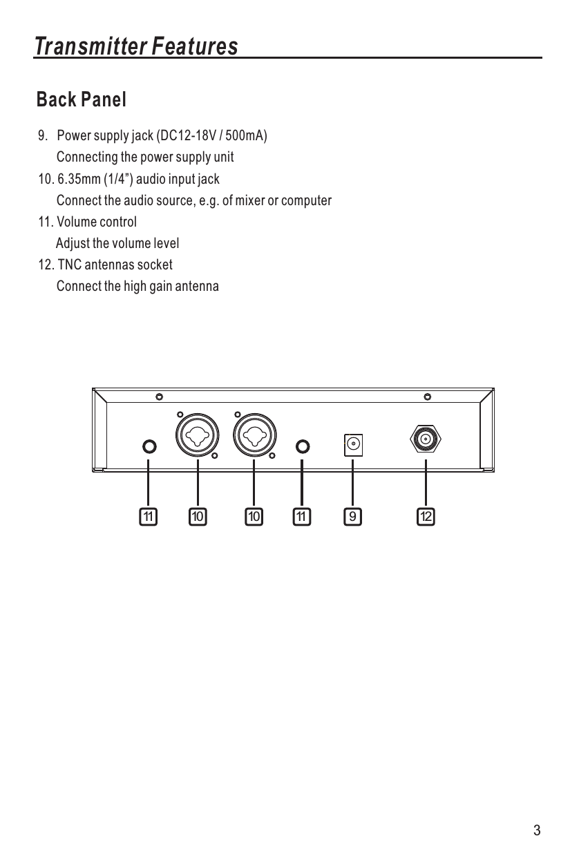 39.   Power supply jack (DC12-18V / 500mA)      Connecting the power supply unit10. 6.35mm (1/4”) audio input jack      Connect the audio source, e.g. of mixer or computer11 Volume control      Adjust the volume level12 TNC antennas socket      Connect the high gain antenna. . Back PanelTransmitter Features9 1210 1111 10