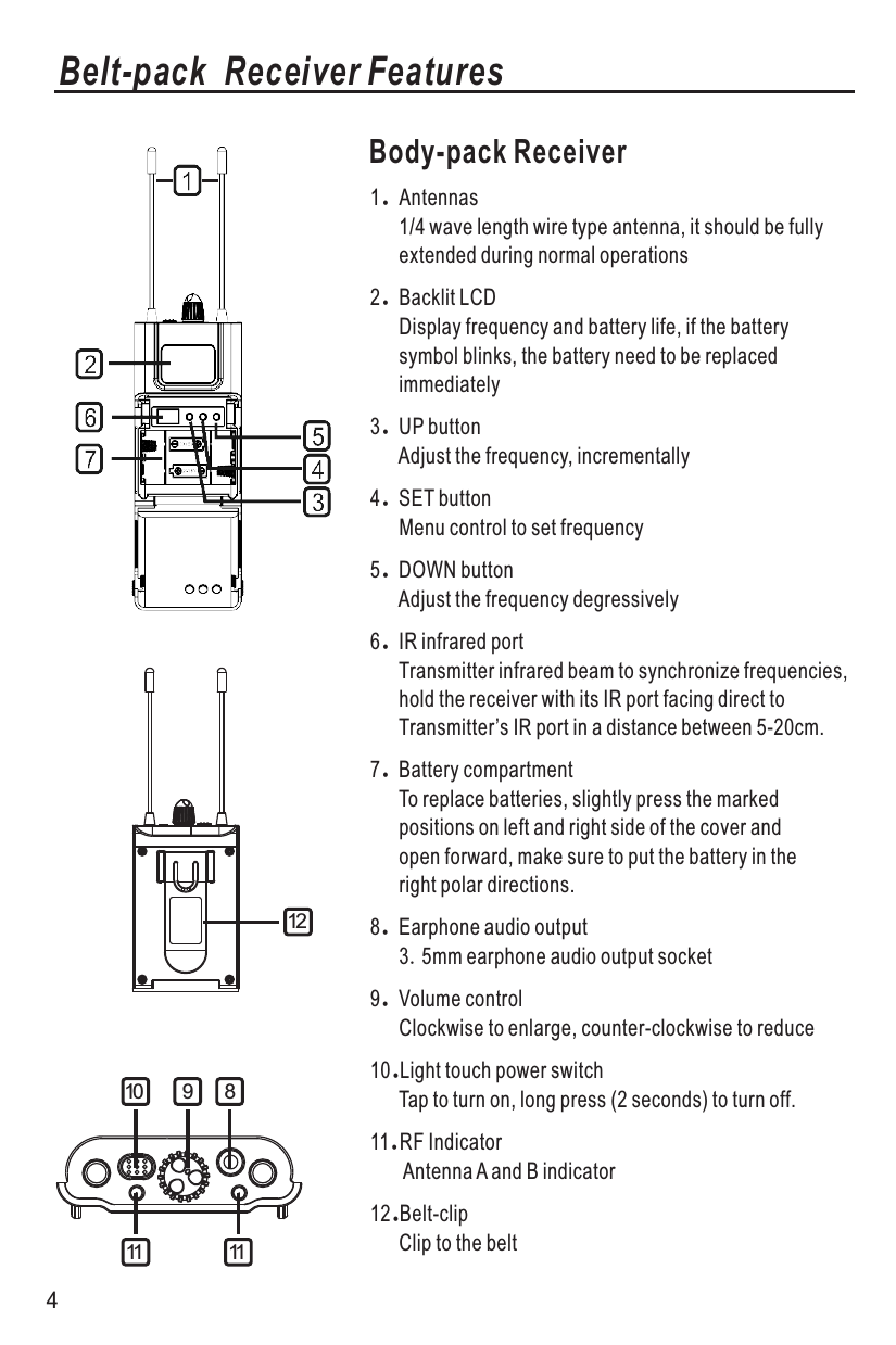 Body-pack Receiver1.Antennas      1/4 wave length wire type antenna, it should be fully       extended during normal operations2.Backlit LCD      Display frequency and battery life, if the battery       symbol blinks, the battery need to be replaced       immediately3.UP button      Adjust the frequency, incrementally 4.SET button      Menu control to set frequency5.DOWN button      Adjust the frequency degressively6.IR infrared port      Transmitter infrared beam to synchronize frequencies,       hold the receiver with its IR port facing direct to       Transmitter’s IR port in a distance between 5-20cm.7.Battery compartment      To replace batteries, slightly press the marked       positions on left and right side of the cover and       open forward, make sure to put the battery in the       right polar directions.8.Earphone audio output      3.5mm earphone audio output socket9.Volume control      Clockwise to enlarge, counter-clockwise to reduce10.Light touch power switch      Tap to turn on, long press (2 seconds) to turn off.11.RF Indicator       Antenna A and B indicator12.Belt-clip      Clip to the beltBelt-pack Receiver Features1011 119 8124