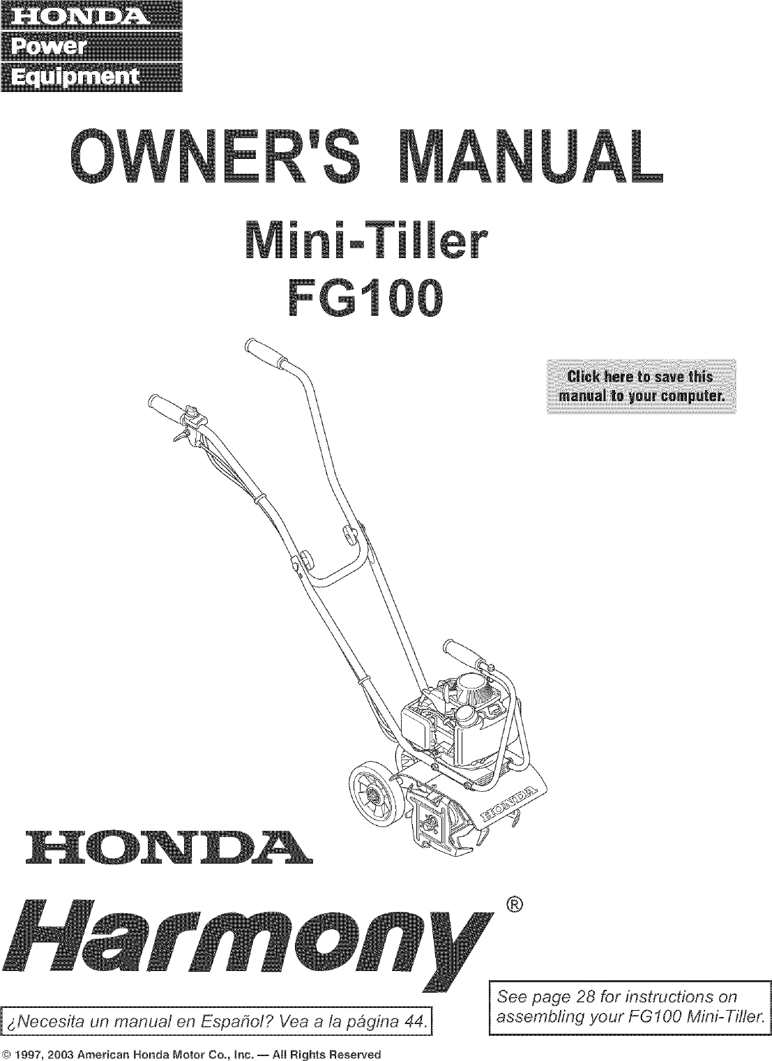 HONDA Front Tine, Gas Tiller Manual L0512014