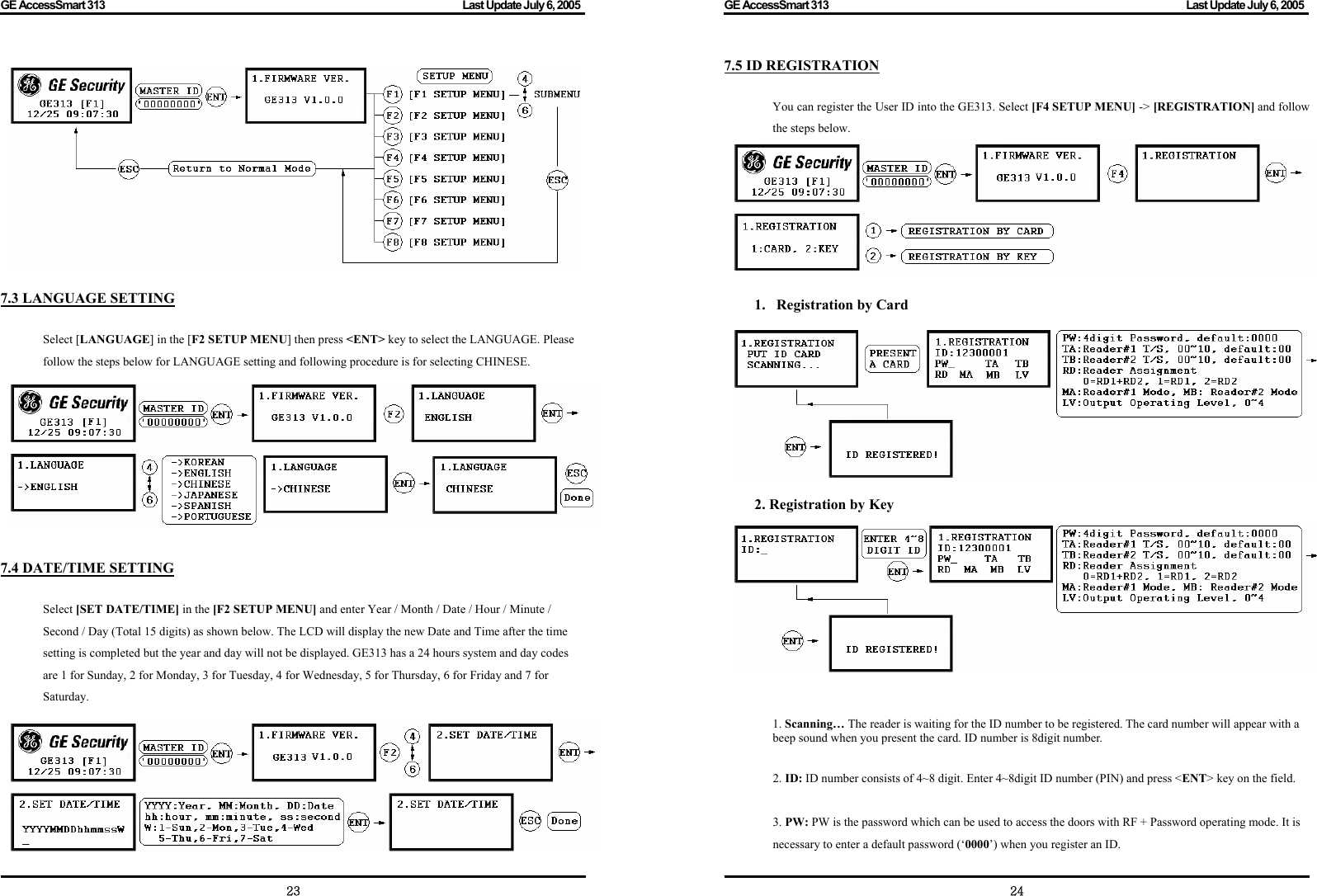 GE AccessSmart 313                                                                                         Last Update July 6, 2005   23  7.3 LANGUAGE SETTING  Select [LANGUAGE] in the [F2 SETUP MENU] then press &lt;ENT&gt; key to select the LANGUAGE. Please follow the steps below for LANGUAGE setting and following procedure is for selecting CHINESE.   7.4 DATE/TIME SETTING  Select [SET DATE/TIME] in the [F2 SETUP MENU] and enter Year / Month / Date / Hour / Minute / Second / Day (Total 15 digits) as shown below. The LCD will display the new Date and Time after the time setting is completed but the year and day will not be displayed. GE313 has a 24 hours system and day codes are 1 for Sunday, 2 for Monday, 3 for Tuesday, 4 for Wednesday, 5 for Thursday, 6 for Friday and 7 for Saturday. GE AccessSmart 313                                                                                         Last Update July 6, 2005   247.5 ID REGISTRATION  You can register the User ID into the GE313. Select [F4 SETUP MENU] -&gt; [REGISTRATION] and follow the steps below.  1. Registration by Card   2. Registration by Key    1. Scanning… The reader is waiting for the ID number to be registered. The card number will appear with a beep sound when you present the card. ID number is 8digit number.  2. ID: ID number consists of 4~8 digit. Enter 4~8digit ID number (PIN) and press &lt;ENT&gt; key on the field.  3. PW: PW is the password which can be used to access the doors with RF + Password operating mode. It is necessary to enter a default password (‘0000’) when you register an ID. 