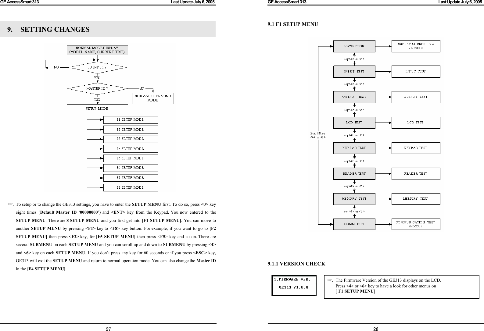 GE AccessSmart 313                                                                                         Last Update July 6, 2005   27 9.  SETTING CHANGES    ☞.   To setup or to change the GE313 settings, you have to enter the SETUP MENU first. To do so, press &lt;0&gt; key eight times (Default Master ID ‘00000000’) and &lt;ENT&gt;  key from the Keypad. You now entered to the SETUP MENU. There are 8 SETUP MENU and you first get into [F1 SETUP MENU]. You can move to another  SETUP MENU by pressing &lt;F1&gt; key to &lt;F8&gt; key button. For example, if you want to go to [F2 SETUP MENU] then press &lt;F2&gt; key, for [F5 SETUP MENU] then press &lt;F5&gt; key and so on. There are several SUBMENU on each SETUP MENU and you can scroll up and down to SUBMENU by pressing &lt;4&gt; and &lt;6&gt; key on each SETUP MENU. If you don’t press any key for 60 seconds or if you press &lt;ESC&gt; key, GE313 will exit the SETUP MENU and return to normal operation mode. You can also change the Master ID in the [F4 SETUP MENU].  GE AccessSmart 313                                                                                         Last Update July 6, 2005   289.1 F1 SETUP MENU      9.1.1 VERSION CHECK      ☞.   The Firmware Version of the GE313 displays on the LCD. Press &lt;4&gt; or &lt;6&gt; key to have a look for other menus on [ F1 SETUP MENU] 