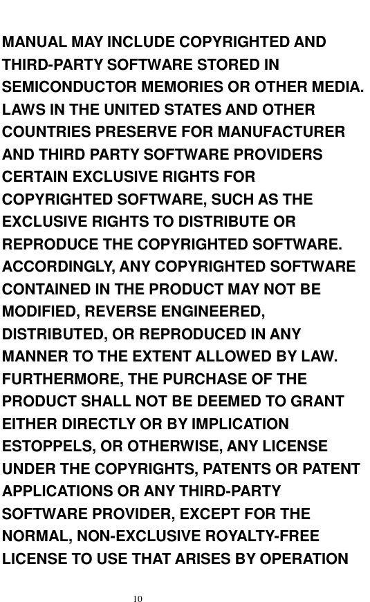   10  MANUAL MAY INCLUDE COPYRIGHTED AND THIRD-PARTY SOFTWARE STORED IN SEMICONDUCTOR MEMORIES OR OTHER MEDIA. LAWS IN THE UNITED STATES AND OTHER COUNTRIES PRESERVE FOR MANUFACTURER AND THIRD PARTY SOFTWARE PROVIDERS CERTAIN EXCLUSIVE RIGHTS FOR COPYRIGHTED SOFTWARE, SUCH AS THE EXCLUSIVE RIGHTS TO DISTRIBUTE OR REPRODUCE THE COPYRIGHTED SOFTWARE. ACCORDINGLY, ANY COPYRIGHTED SOFTWARE CONTAINED IN THE PRODUCT MAY NOT BE MODIFIED, REVERSE ENGINEERED, DISTRIBUTED, OR REPRODUCED IN ANY MANNER TO THE EXTENT ALLOWED BY LAW. FURTHERMORE, THE PURCHASE OF THE PRODUCT SHALL NOT BE DEEMED TO GRANT EITHER DIRECTLY OR BY IMPLICATION ESTOPPELS, OR OTHERWISE, ANY LICENSE UNDER THE COPYRIGHTS, PATENTS OR PATENT APPLICATIONS OR ANY THIRD-PARTY SOFTWARE PROVIDER, EXCEPT FOR THE NORMAL, NON-EXCLUSIVE ROYALTY-FREE LICENSE TO USE THAT ARISES BY OPERATION 