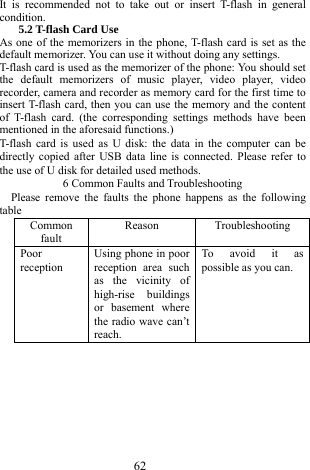  62 It is recommended not to take out or insert T-flash in general condition. 5.2 T-flash Card Use As one of the memorizers in the phone, T-flash card is set as the default memorizer. You can use it without doing any settings. T-flash card is used as the memorizer of the phone: You should set the default memorizers of music player, video player, video recorder, camera and recorder as memory card for the first time to insert T-flash card, then you can use the memory and the content of T-flash card. (the corresponding settings methods have been mentioned in the aforesaid functions.) T-flash card is used as U disk: the data in the computer can be directly copied after USB data line is connected. Please refer to the use of U disk for detailed used methods. 6 Common Faults and Troubleshooting Please remove the faults the phone happens as the following table Common fault Reason   Troubleshooting  Poor reception Using phone in poor reception area such as the vicinity of high-rise buildings or basement where the radio wave can&rsquo;t reach.   To avoid it as possible as you can. 