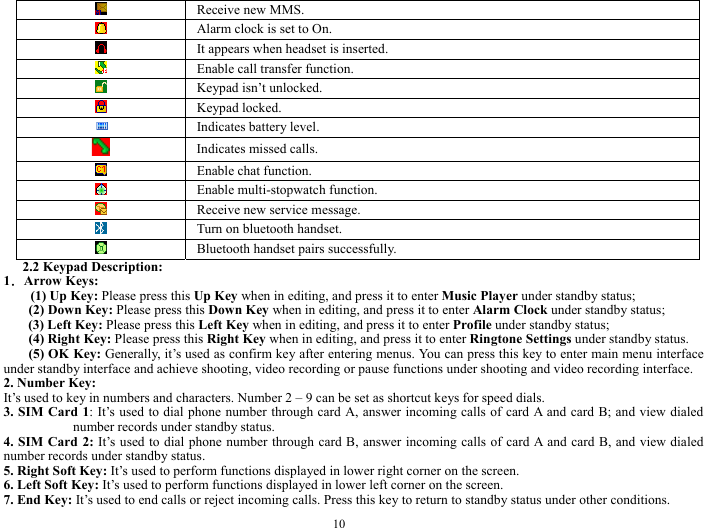  10  Receive new MMS.    Alarm clock is set to On.     It appears when headset is inserted.     Enable call transfer function.     Keypad isn&rsquo;t unlocked.    Keypad locked.    Indicates battery level.    Indicates missed calls.     Enable chat function.    Enable multi-stopwatch function.    Receive new service message.     Turn on bluetooth handset.     Bluetooth handset pairs successfully. 2.2 Keypad Description: 1．Arrow Keys: (1) Up Key: Please press this Up Key when in editing, and press it to enter Music Player under standby status; (2) Down Key: Please press this Down Key when in editing, and press it to enter Alarm Clock under standby status; (3) Left Key: Please press this Left Key when in editing, and press it to enter Profile under standby status; (4) Right Key: Please press this Right Key when in editing, and press it to enter Ringtone Settings under standby status.   (5) OK Key: Generally, it&rsquo;s used as confirm key after entering menus. You can press this key to enter main menu interface under standby interface and achieve shooting, video recording or pause functions under shooting and video recording interface.   2. Number Key:   It&rsquo;s used to key in numbers and characters. Number 2 &ndash; 9 can be set as shortcut keys for speed dials.   3. SIM Card 1: It&rsquo;s used to dial phone number through card A, answer incoming calls of card A and card B; and view dialed number records under standby status.   4. SIM Card 2: It&rsquo;s used to dial phone number through card B, answer incoming calls of card A and card B, and view dialed number records under standby status. 5. Right Soft Key: It&rsquo;s used to perform functions displayed in lower right corner on the screen.   6. Left Soft Key: It&rsquo;s used to perform functions displayed in lower left corner on the screen.     7. End Key: It&rsquo;s used to end calls or reject incoming calls. Press this key to return to standby status under other conditions.   