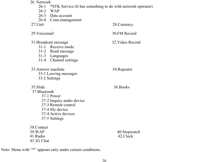  20  26. Network 26-1    *STK Service (It has something to do with network operator) 26-2  WAP 26-3  Data account 26-4  Conn.management          27.Unit                                 28.Currency           29.Voicemail                            30.FM Record          31.Broadcast message                     32.Video Record 31-1  Receive mode 31-2  Read message 31-3  Languages 31-4  Channel settings           33.Answer machine                       34.Repeater     33-1 Leaving messages     33-2 Settings          35.Slide                                 36.Books   37.Bluetooth 37-1 Power 37-2 Inquiry audio device 37-3 Remotr control 37-4 My device 37-4 Active devices 37-5 Settings  38.Contact 39.WAP                                   40.Stopwatch 41.Radio                                   42.Clock 43.3G Chat                    Note: Menu with &ldquo;*&rdquo; appears only under certain conditions.   