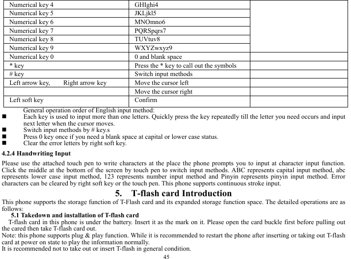  45 Numerical key 4  GHIghi4 Numerical key 5  JKLjkl5 Numerical key 6    MNOmno6 Numerical key 7    PQRSpqrs7 Numerical key 8    TUVtuv8 Numerical key 9    WXYZwxyz9 Numerical key 0  0 and blank space   * key  Press the * key to call out the symbols   # key  Switch input methods     Left arrow key,        Right arrow key  Move the cursor left       Move the cursor right   Left soft key  Confirm   General operation order of English input method:  Each key is used to input more than one letters. Quickly press the key repeatedly till the letter you need occurs and input next letter when the cursor moves.  Switch input methods by # key.s  Press 0 key once if you need a blank space at capital or lower case status.  Clear the error letters by right soft key. 4.2.4 Handwriting Input Please use the attached touch pen to write characters at the place the phone prompts you to input at character input function. Click the middle at the bottom of the screen by touch pen to switch input methods. ABC represents capital input method, abc represents lower case input method, 123 represents number input method and Pinyin represents pinyin input method. Error characters can be cleared by right soft key or the touch pen. This phone supports continuous stroke input. 5.    T-flash card Introduction This phone supports the storage function of T-Flash card and its expanded storage function space. The detailed operations are as follows: 5.1 Takedown and installation of T-flash card T-flash card in this phone is under the battery. Insert it as the mark on it. Please open the card buckle first before pulling out the cared then take T-flash card out. Note: this phone supports plug &amp; play function. While it is recommended to restart the phone after inserting or taking out T-flash card at power on state to play the information normally.   It is recommended not to take out or insert T-flash in general condition. 