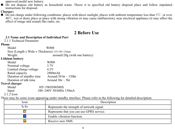  9 approved model new battery.    Do not dispose old battery as household waste. Throw it to specified old battery disposal place and follow stipulated instructions for disposal. Charger:  Do not charge under following conditions: places with direct sunlight, places with ambient temperature less than 5℃ or over 40℃, wet or dusty place or place with strong vibration (it may cause malfunction); near electrical appliance (it may affect the effect of image and sound) like radio, etc.    2 Before Use 2.1 Name and Description of Individual Part 2.1.1 Technical Parameter Phone Model            W008 Size (Length x Wide x Thickness) 115&times;56&times;13mm Weight:                     around120g (with one battery) Lithium battery Model     W008 Nominal voltage      3.7V Limited charge voltage      4.2V Rated capacity      2800mAh Duration of standby time        Around 50 hr &ndash; 150hr   Duration of talk time       Around 3hr &ndash; 5hr Travel charger Model              HY-5W0500500X Input              100~240V 50/60Hz 150mA 2.1.2 Icon There may be some icons appearing under standby interface. Please refer to the following for detailed description:   Icon Description   Represents the strength of network signal.     Represents that you can use GPRS service.     Enable vibration function.    Receive new SMS. 