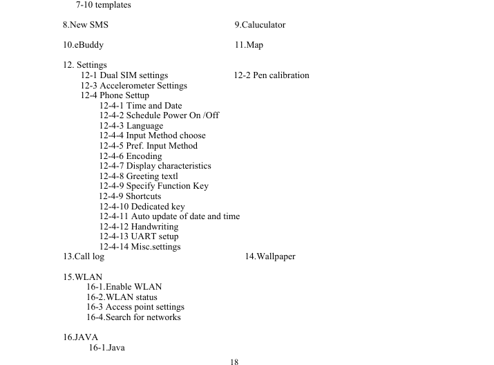  18 7-10 templates  8.New SMS                           9.Caluculator  10.eBuddy                            11.Map  12. Settings  12-1 Dual SIM settings              12-2 Pen calibration 12-3 Accelerometer Settings 12-4 Phone Settup                                        12-4-1 Time and Date                                 12-4-2 Schedule Power On /Off                         12-4-3 Language 12-4-4 Input Method choose 12-4-5 Pref. Input Method                            12-4-6 Encoding                              12-4-7 Display characteristics                                 12-4-8 Greeting textl                                  12-4-9 Specify Function Key                      12-4-9 Shortcuts                             12-4-10 Dedicated key                                  12-4-11 Auto update of date and time                          12-4-12 Handwriting      12-4-13 UART setup      12-4-14 Misc.settings  13.Call log                              14.Wallpaper      15.WLAN        16-1.Enable WLAN      16-2.WLAN status      16-3 Access point settings      16-4.Search for networks  16.JAVA             16-1.Java 