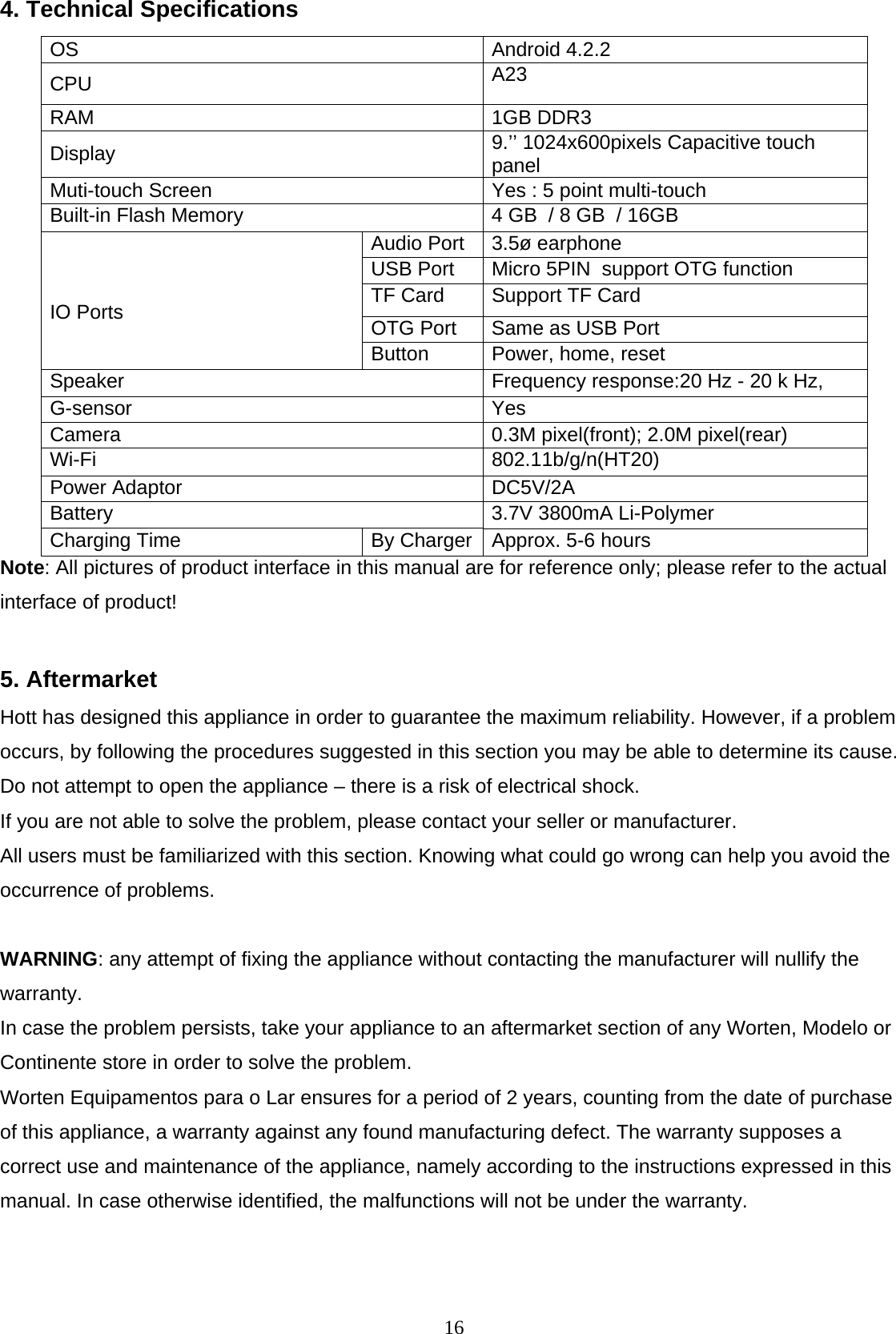  164. Technical Specifications OS   Android 4.2.2 CPU    A23  RAM    1GB DDR3  Display   9.’’ 1024x600pixels Capacitive touch panel Muti-touch Screen   Yes : 5 point multi-touch Built-in Flash Memory    4 GB  / 8 GB  / 16GB  Audio Port  3.5ø earphone USB Port  Micro 5PIN  support OTG function TF Card  Support TF Card  OTG Port  Same as USB Port      IO Ports Button  Power, home, reset Speaker  Frequency response:20 Hz - 20 k Hz,  G-sensor Yes Camera 0.3M pixel(front); 2.0M pixel(rear) Wi-Fi   802.11b/g/n(HT20)  Power Adaptor  DC5V/2A Battery  3.7V 3800mA Li-Polymer Charging Time  By Charger Approx. 5-6 hours Note: All pictures of product interface in this manual are for reference only; please refer to the actual interface of product!  5. Aftermarket Hott has designed this appliance in order to guarantee the maximum reliability. However, if a problem occurs, by following the procedures suggested in this section you may be able to determine its cause.  Do not attempt to open the appliance – there is a risk of electrical shock. If you are not able to solve the problem, please contact your seller or manufacturer. All users must be familiarized with this section. Knowing what could go wrong can help you avoid the occurrence of problems.  WARNING: any attempt of fixing the appliance without contacting the manufacturer will nullify the warranty. In case the problem persists, take your appliance to an aftermarket section of any Worten, Modelo or Continente store in order to solve the problem. Worten Equipamentos para o Lar ensures for a period of 2 years, counting from the date of purchase of this appliance, a warranty against any found manufacturing defect. The warranty supposes a correct use and maintenance of the appliance, namely according to the instructions expressed in this manual. In case otherwise identified, the malfunctions will not be under the warranty.   
