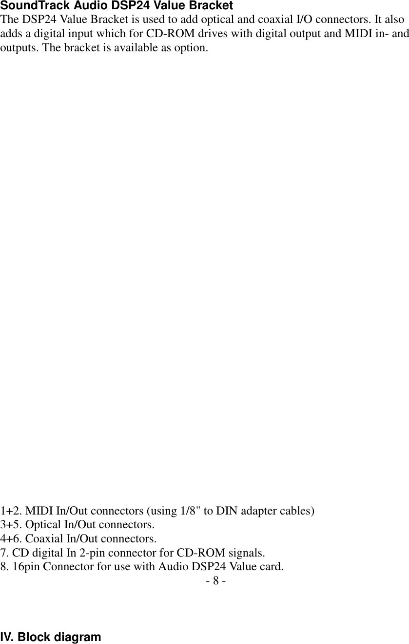    SoundTrack Audio DSP24 Value Bracket The DSP24 Value Bracket is used to add optical and coaxial I/O connectors. It also adds a digital input which for CD-ROM drives with digital output and MIDI in- and outputs. The bracket is available as option.                                 1+2. MIDI In/Out connectors (using 1/8" to DIN adapter cables) 3+5. Optical In/Out connectors. 4+6. Coaxial In/Out connectors. 7. CD digital In 2-pin connector for CD-ROM signals. 8. 16pin Connector for use with Audio DSP24 Value card. - 8 -    IV. Block diagram 