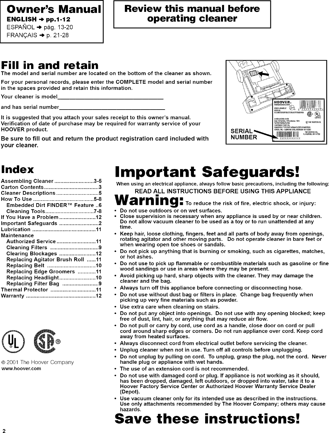 Page 2 of 12 - HOOVER  Vacuum, Upright Manual L0522973