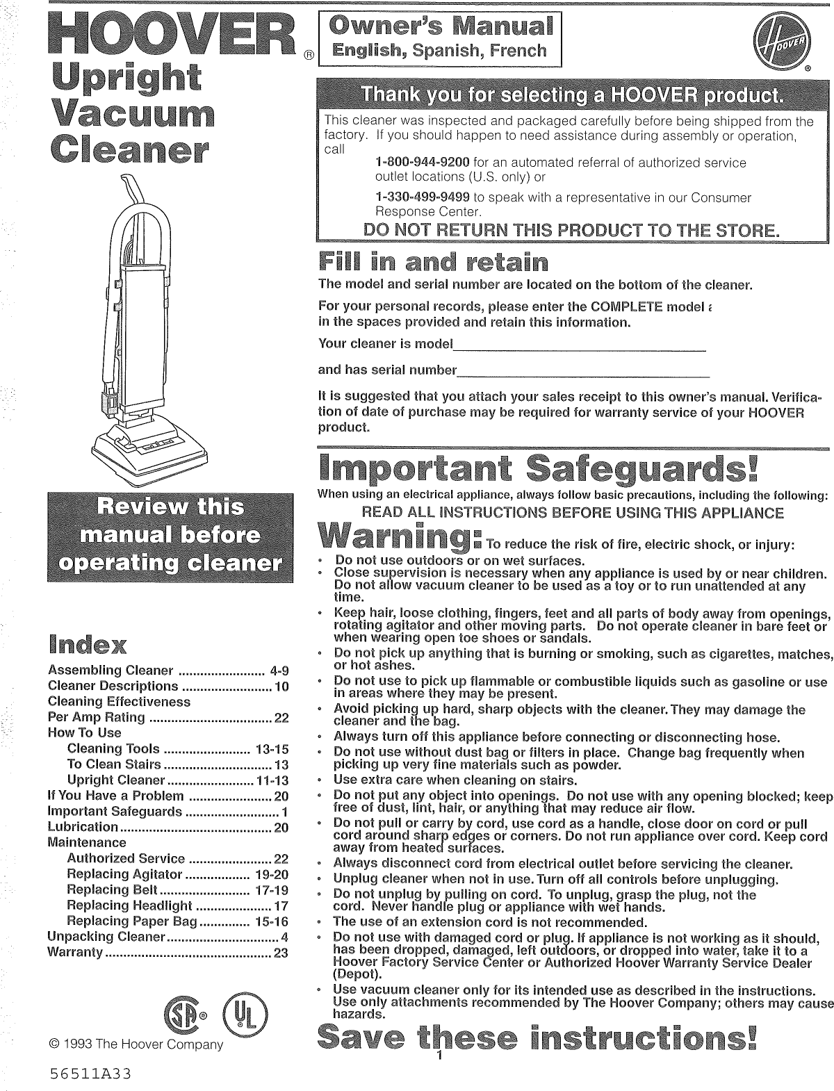 HOOVER Vacuum, Upright Manual L0903721