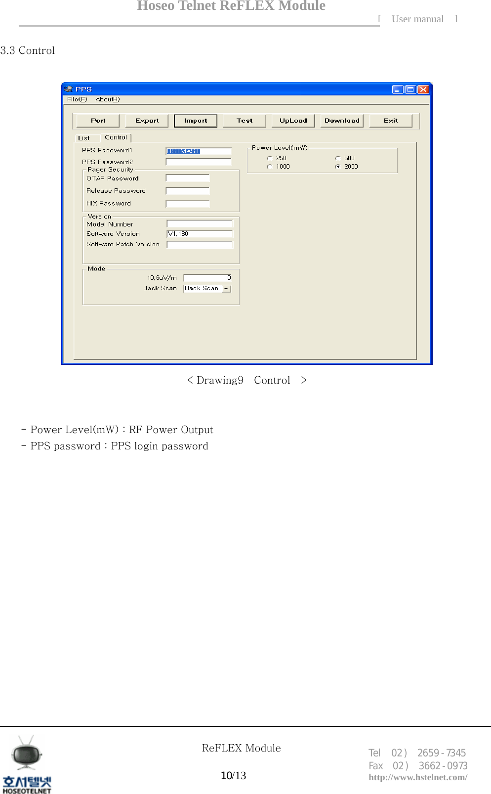 Hoseo Telnet ReFLEX Module [ User manual ]Tel  02 )  2659 - 7345 Fax  02 )  3662 - 0973  http://www.hstelnet.com/      ReFLEX Module 10/13 3.3 Control   < Drawing9    Control    >   - Power Level(mW) : RF Power Output - PPS password : PPS login password                