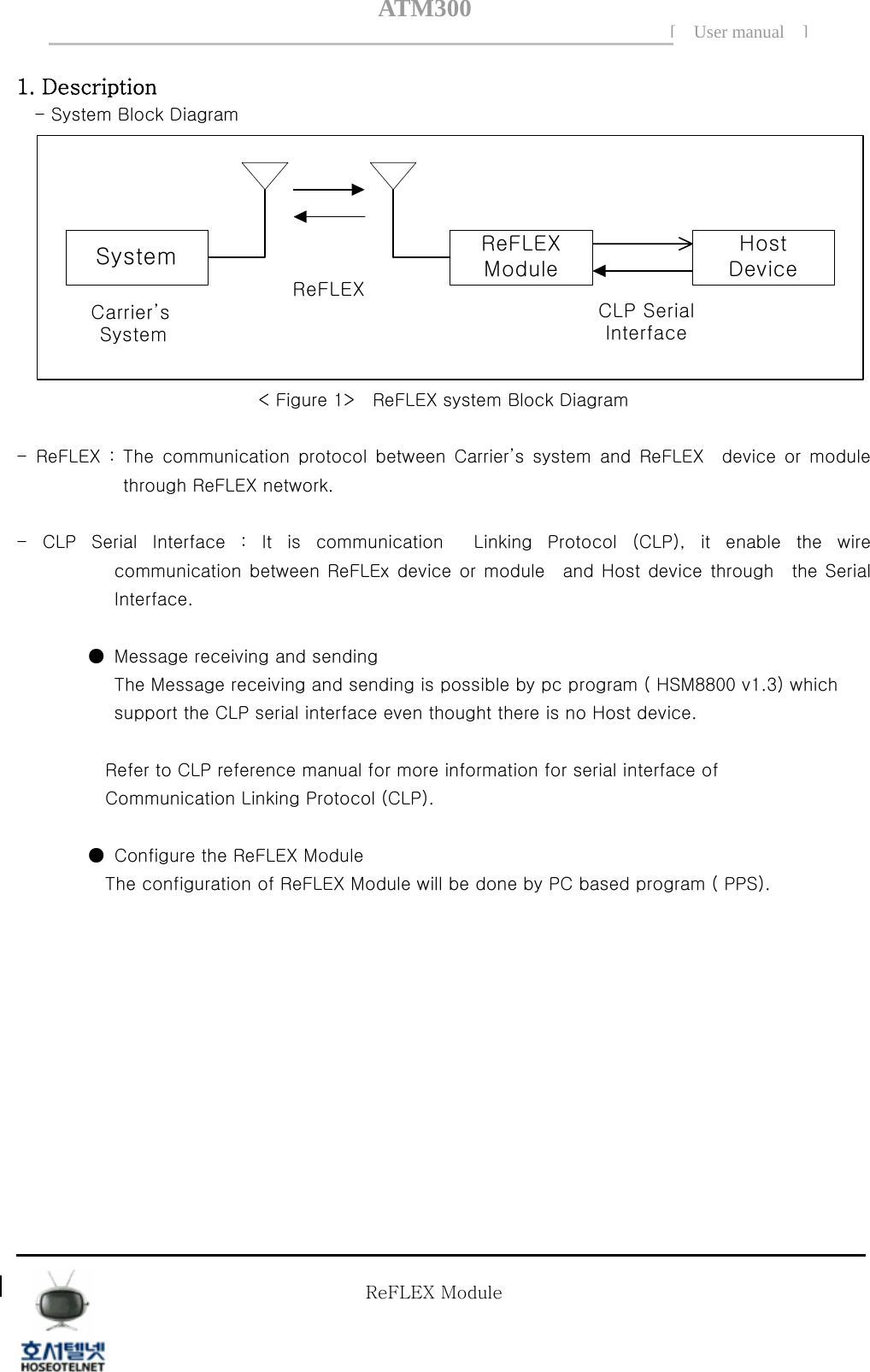 ATM300[ User manual ]    1. Description       - System Block Diagram System ReFLEXModuleHostDeviceReFLEXCLP SerialInterfaceCarrier&rsquo;s System < Figure 1>    ReFLEX system Block Diagram    -  ReFLEX  :  The  communication  protocol between  Carrier&rsquo;s  system  and  ReFLEX    device  or  module through ReFLEX network.  - CLP Serial Interface : It is communication  Linking Protocol (CLP), it enable the wire communication between ReFLEx device or module    and Host device  through  the Serial Interface.    ●  Message receiving and sending                  The Message receiving and sending is possible by pc program ( HSM8800 v1.3) which   support the CLP serial interface even thought there is no Host device.  Refer to CLP reference manual for more information for serial interface of   Communication Linking Protocol (CLP).          ●  Configure the ReFLEX Module   The configuration of ReFLEX Module will be done by PC based program ( PPS).             Tel  02 )  2659 - 7345 Fax  02 )  3662 - 0973  http://www.hstelnet.com/ Tel  02 )  2659 - 7345 Fax  02 )  3662 - 0973  http://www.hstelnet.com/   ReFLEX Module 2/13   ReFLEX Module 