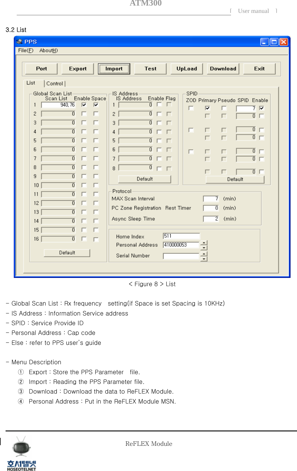 ATM300[ User manual ]    3.2 List  < Figure 8 > List  - Global Scan List : Rx frequency    setting(if Space is set Spacing is 10KHz) - IS Address : Information Service address - SPID : Service Provide ID - Personal Address : Cap code - Else : refer to PPS user&rsquo;s guide      - Menu Description ① Export : Store the PPS Parameter    file. ② Import : Reading the PPS Parameter file. ③ Download : Download the data to ReFLEX Module. ④ Personal Address : Put in the ReFLEX Module MSN.  Tel  02 )  2659 - 7345 Fax  02 )  3662 - 0973  http://www.hstelnet.com/ Tel  02 )  2659 - 7345 Fax  02 )  3662 - 0973  http://www.hstelnet.com/   ReFLEX Module 8/13   ReFLEX Module 