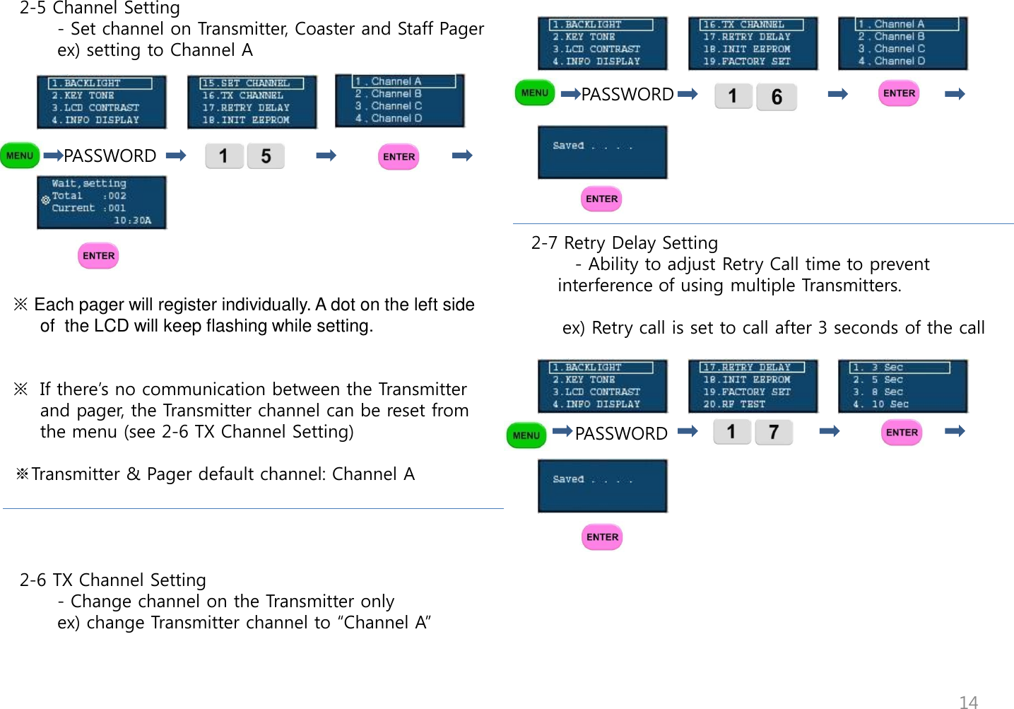                                        PASSWORD       2-7 Retry Delay Setting        - Ability to adjust Retry Call time to prevent interference of using multiple Transmitters.            ex) Retry call is set to call after 3 seconds of the call            PASSWORD        2-5 Channel Setting        - Set channel on Transmitter, Coaster and Staff Pager        ex) setting to Channel A                     PASSWORD                                                  ※ Each pager will register individually. A dot on the left side of  the LCD will keep flashing while setting.   ※  If there‟s no communication between the Transmitter and pager, the Transmitter channel can be reset from the menu (see 2-6 TX Channel Setting)  ※Transmitter &amp; Pager default channel: Channel A      2-6 TX Channel Setting        - Change channel on the Transmitter only        ex) change Transmitter channel to &ldquo;Channel A&rdquo; 14 
