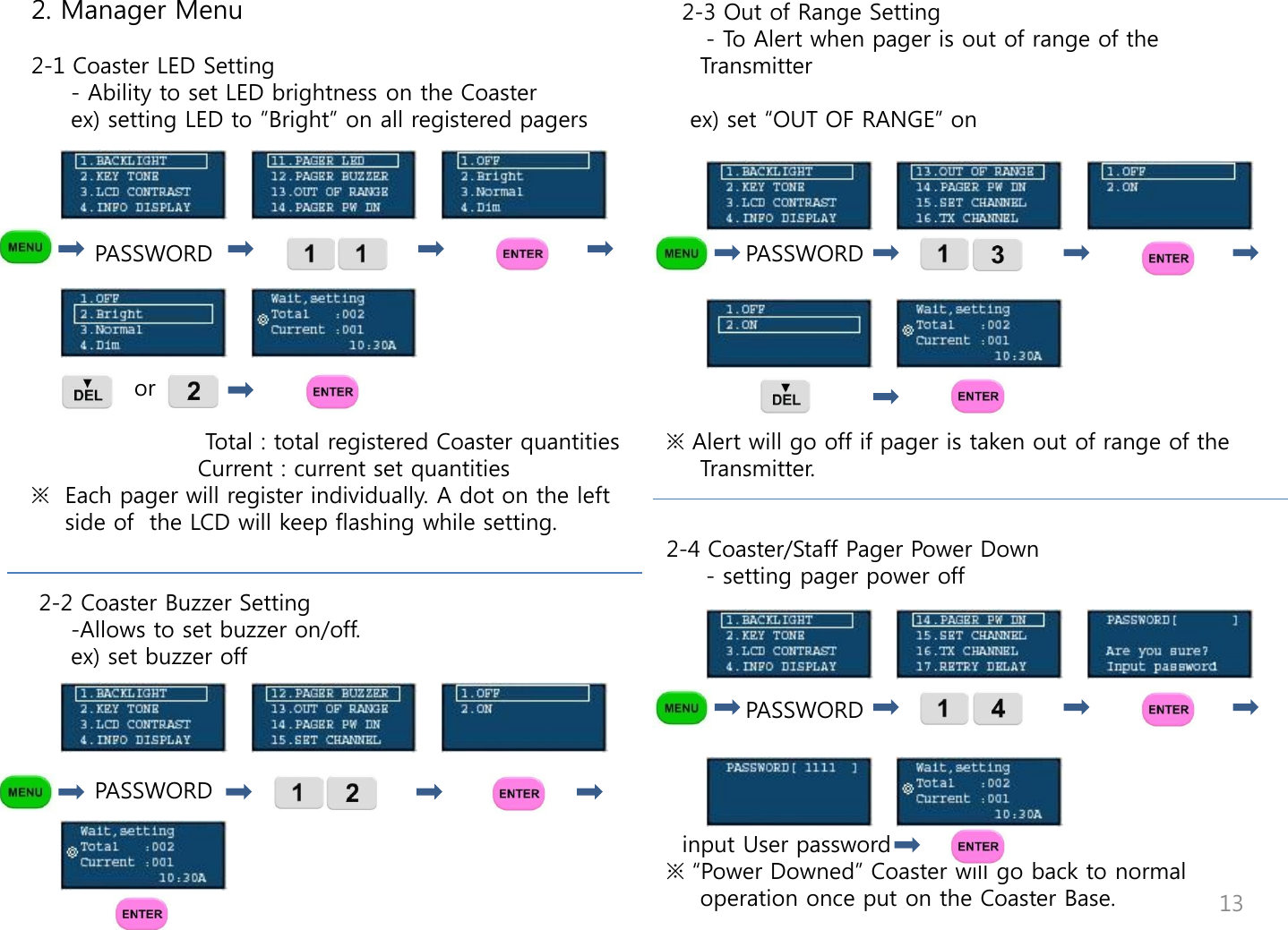 2. Manager Menu   2-1 Coaster LED Setting      - Ability to set LED brightness on the Coaster      ex) setting LED to &rdquo;Bright&rdquo; on all registered pagers             PASSWORD                                                                                                            or                                                                Total : total registered Coaster quantities                      Current : current set quantities ※  Each pager will register individually. A dot on the left side of  the LCD will keep flashing while setting.        2-2 Coaster Buzzer Setting      -Allows to set buzzer on/off.      ex) set buzzer off                  PASSWORD                                           2-3 Out of Range Setting      - To Alert when pager is out of range of the Transmitter     ex) set &ldquo;OUT OF RANGE&rdquo; on                              PASSWORD                                                   ※ Alert will go off if pager is taken out of range of the Transmitter.   2-4 Coaster/Staff Pager Power Down      - setting pager power off                      PASSWORD       input User password ※ &ldquo;Power Downed&rdquo; Coaster will go back to normal operation once put on the Coaster Base.  13 