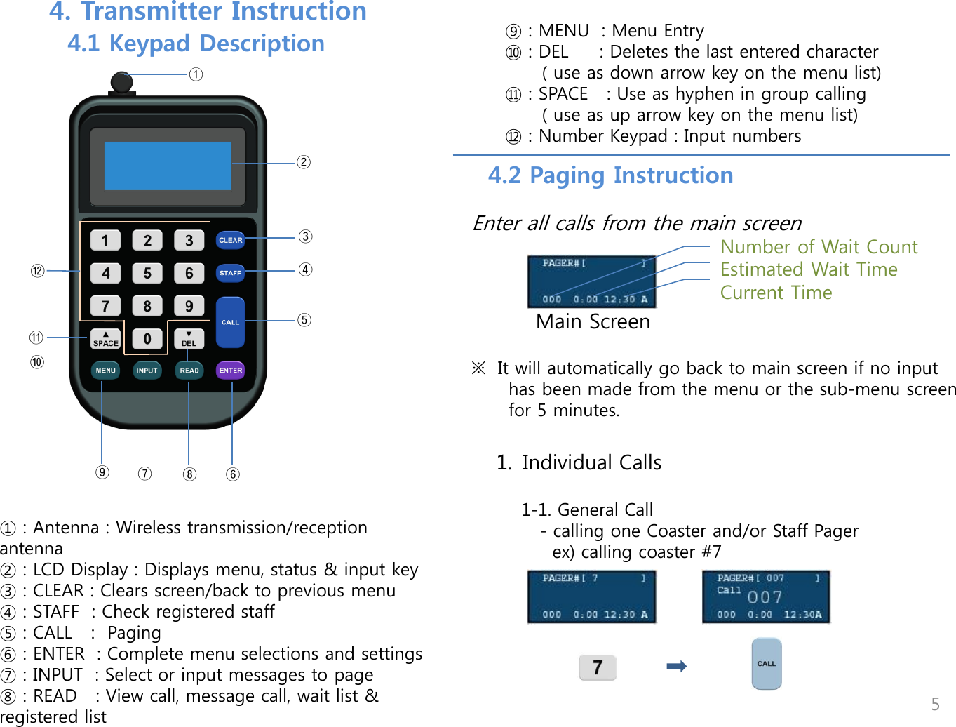 ⑪ ⑩ ⑨ ⑧ ⑦ ⑥ ⑤ ④ ③ ⑫ ② ① ① : Antenna : Wireless transmission/reception antenna ② : LCD Display : Displays menu, status &amp; input key ③ : CLEAR : Clears screen/back to previous menu ④ : STAFF  : Check registered staff ⑤ : CALL   :  Paging  ⑥ : ENTER  : Complete menu selections and settings ⑦ : INPUT  : Select or input messages to page ⑧ : READ   : View call, message call, wait list &amp;              registered list     ⑨ : MENU  : Menu Entry ⑩ : DEL     : Deletes the last entered character       ( use as down arrow key on the menu list) ⑪ : SPACE   : Use as hyphen in group calling       ( use as up arrow key on the menu list) ⑫ : Number Keypad : Input numbers        4. Transmitter Instruction   4.1 Keypad Description 4.2 Paging Instruction    1. Individual Calls      1-1. General Call        - calling one Coaster and/or Staff Pager          ex) calling coaster #7                 Enter all calls from the main screen             Main Screen                         ※  It will automatically go back to main screen if no input        has been made from the menu or the sub-menu screen        for 5 minutes. Number of Wait Count Estimated Wait Time Current Time 5 