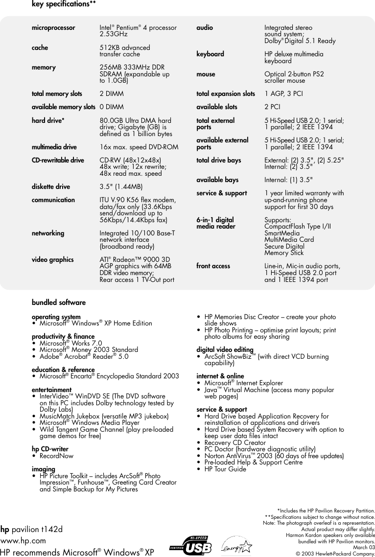 Page 2 of 2 - HP Pavilion Desktop PC - (English) T142d Product Datasheet And Specifications Bph08189