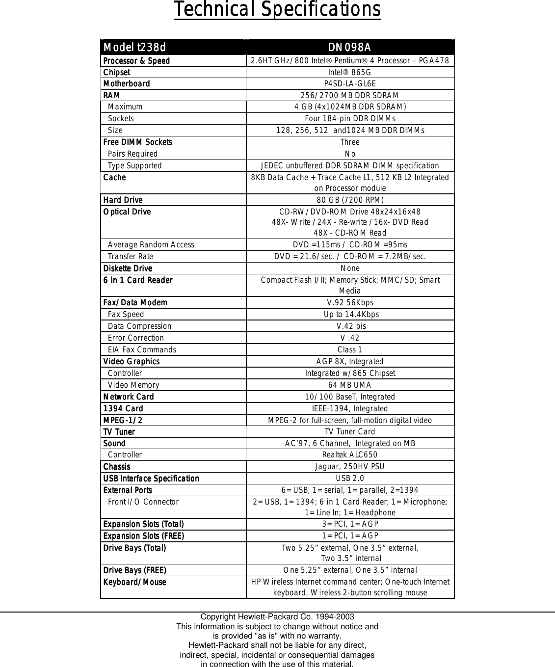 Page 1 of 1 - HP  Pavilion Desktop PC - (English) T238d Technical Specifications Bph08697