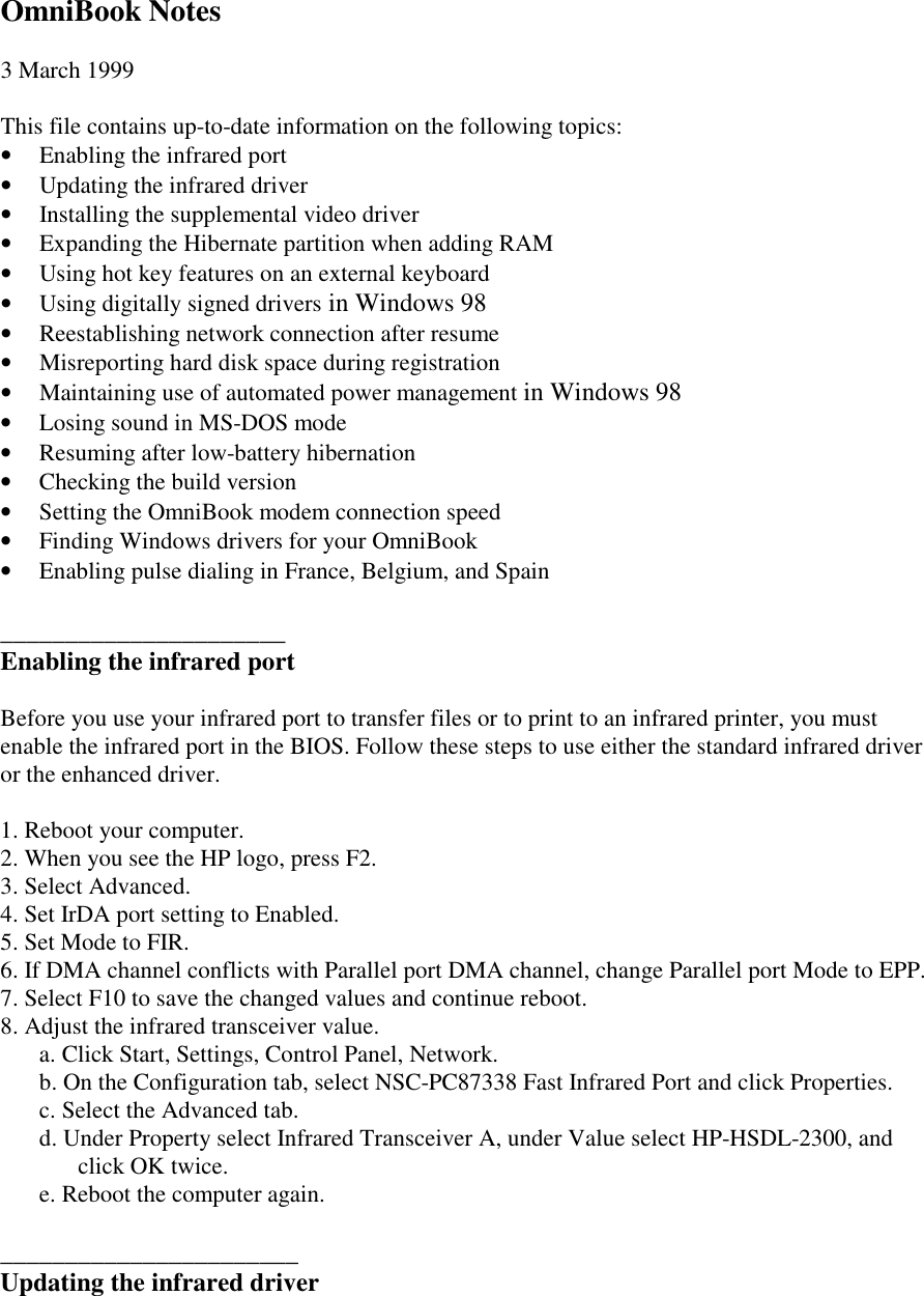Page 1 of 6 - HP Omnibook Omni Book XE2 - Readme File Bpi03807