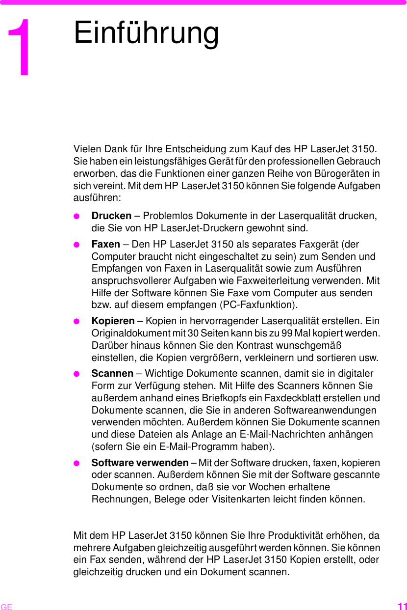 HP Front Laser Jet 3150 Produkt Benutzerhandbuch Bpl07650