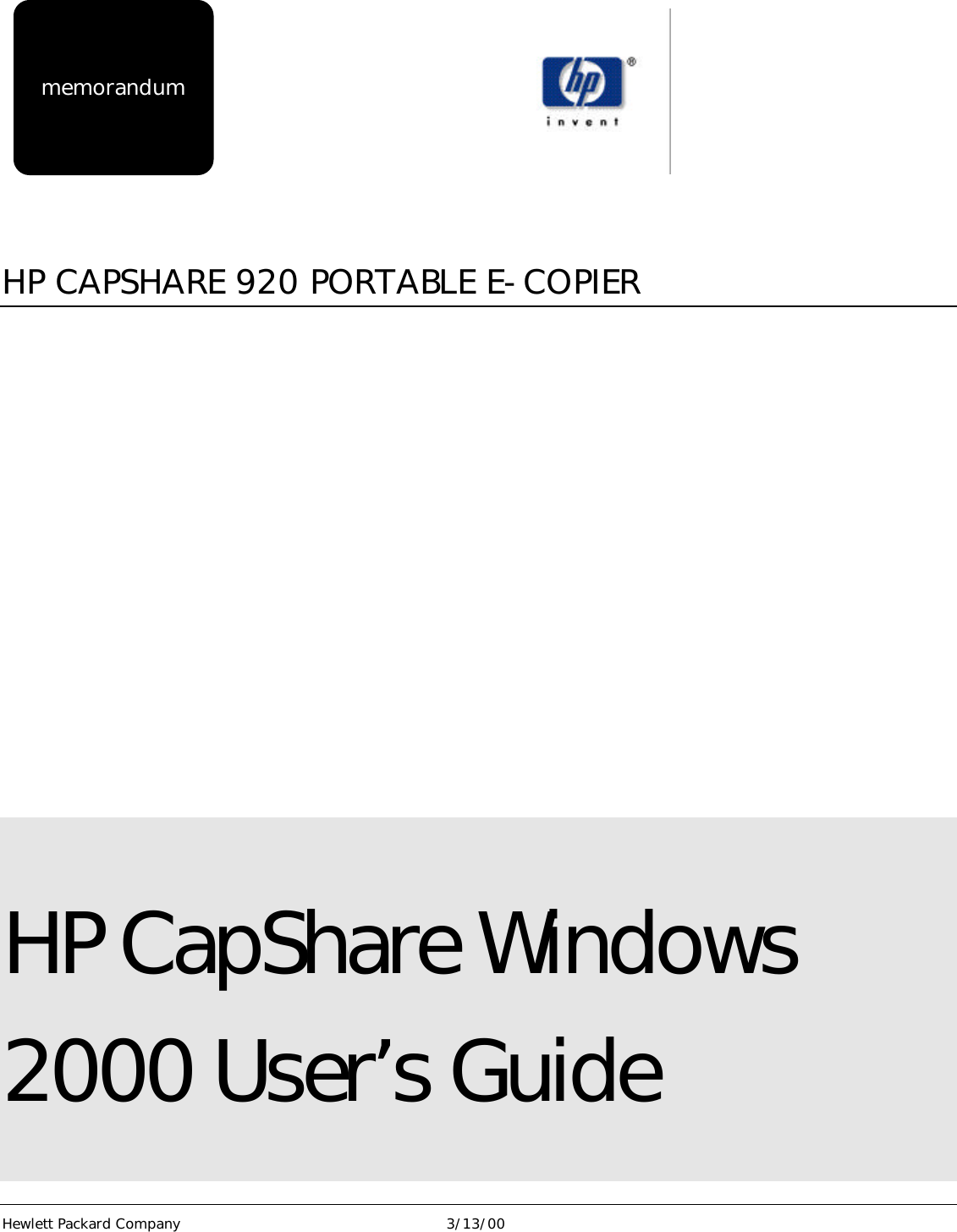 Page 1 of 9 - HP Win 2K Capshare User's Guide Cap Share 920 Portable E-Copier - Windows 2000 Guide, Not Orderable Bps80163