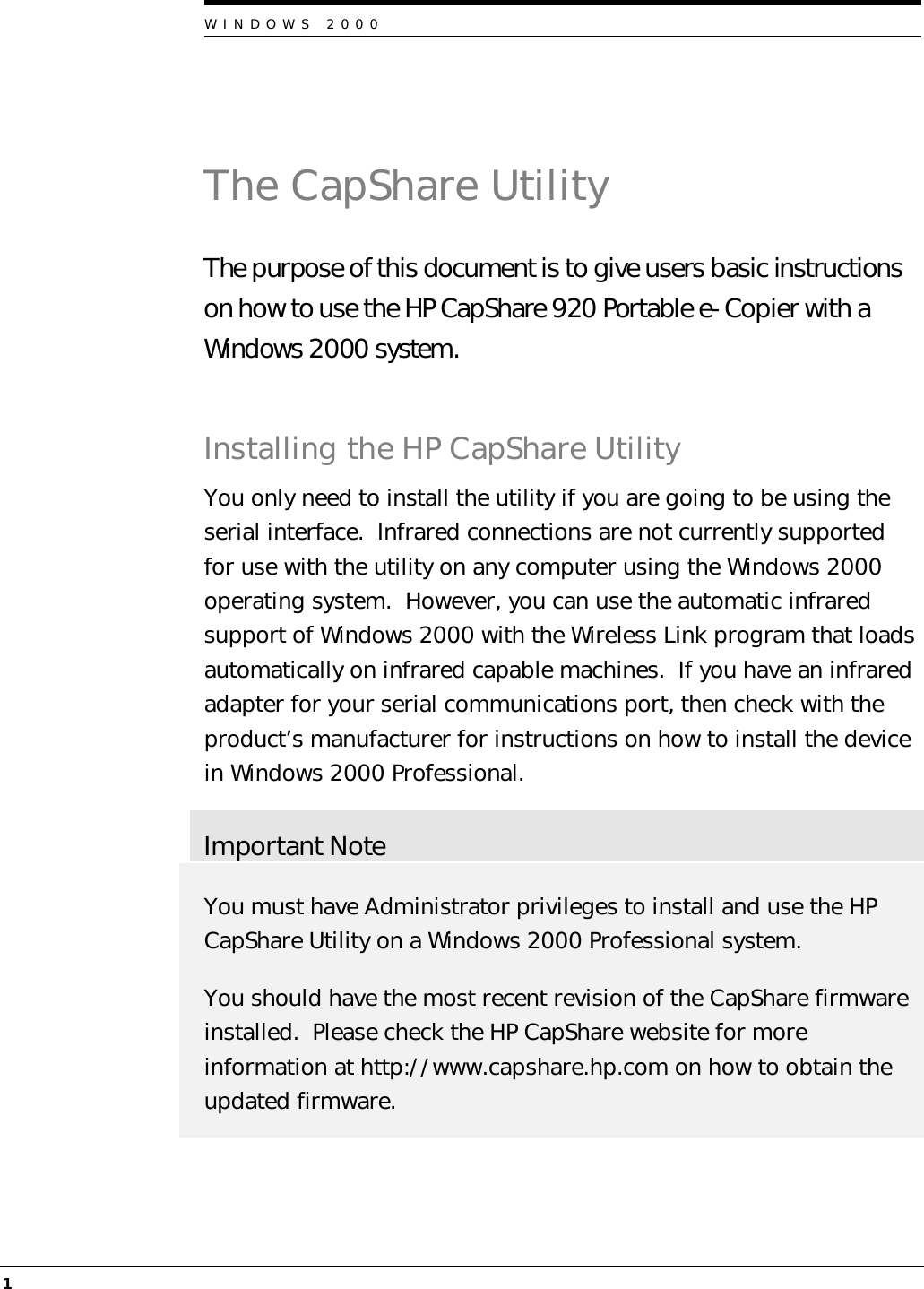 Page 2 of 9 - HP Win 2K Capshare User's Guide Cap Share 920 Portable E-Copier - Windows 2000 Guide, Not Orderable Bps80163