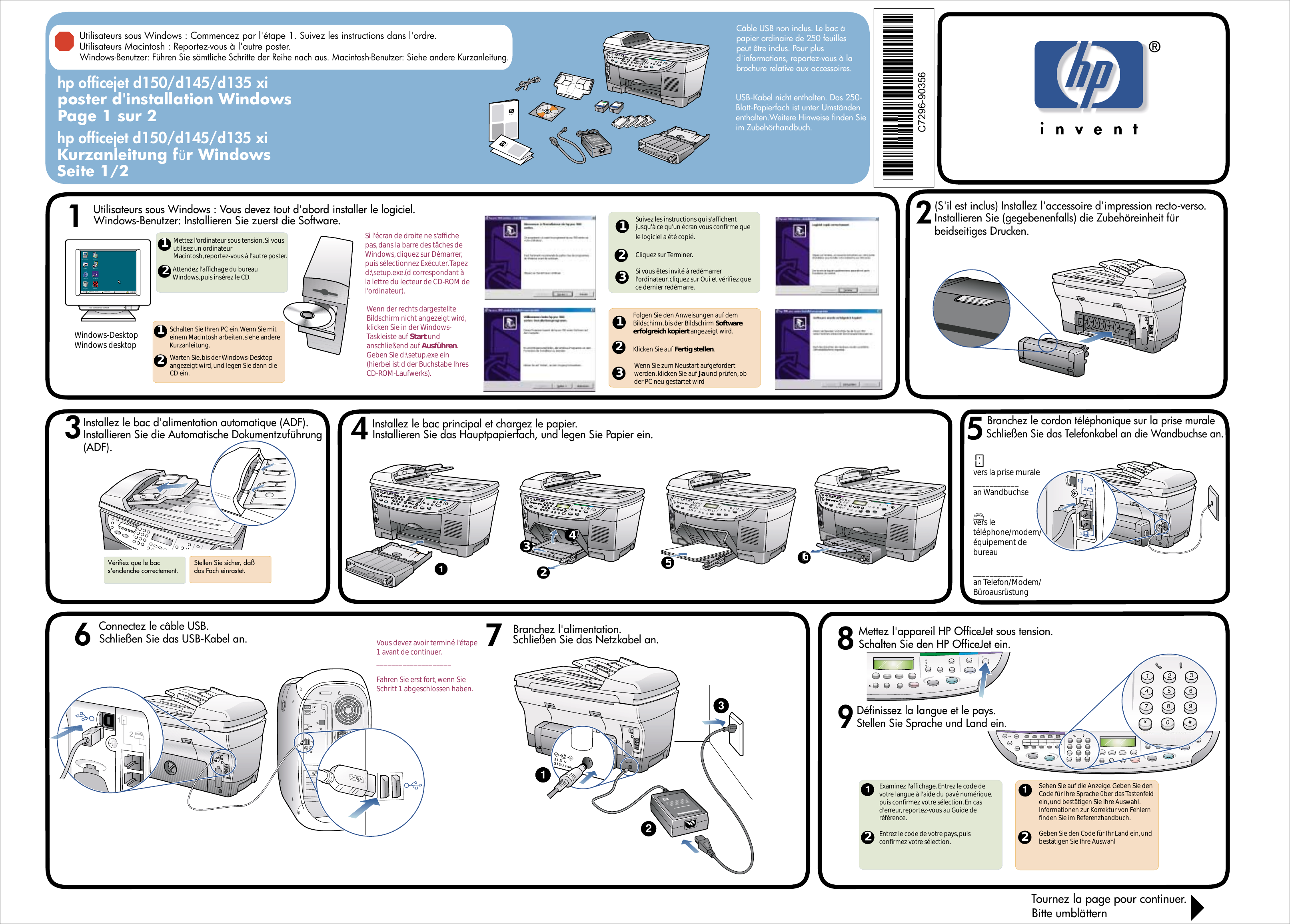 Page 1 of 1 - HP  Office Jet D145/D135/D135xi - Windows Installationsposter (Deutsch/Französisch), 1 Bpu06044